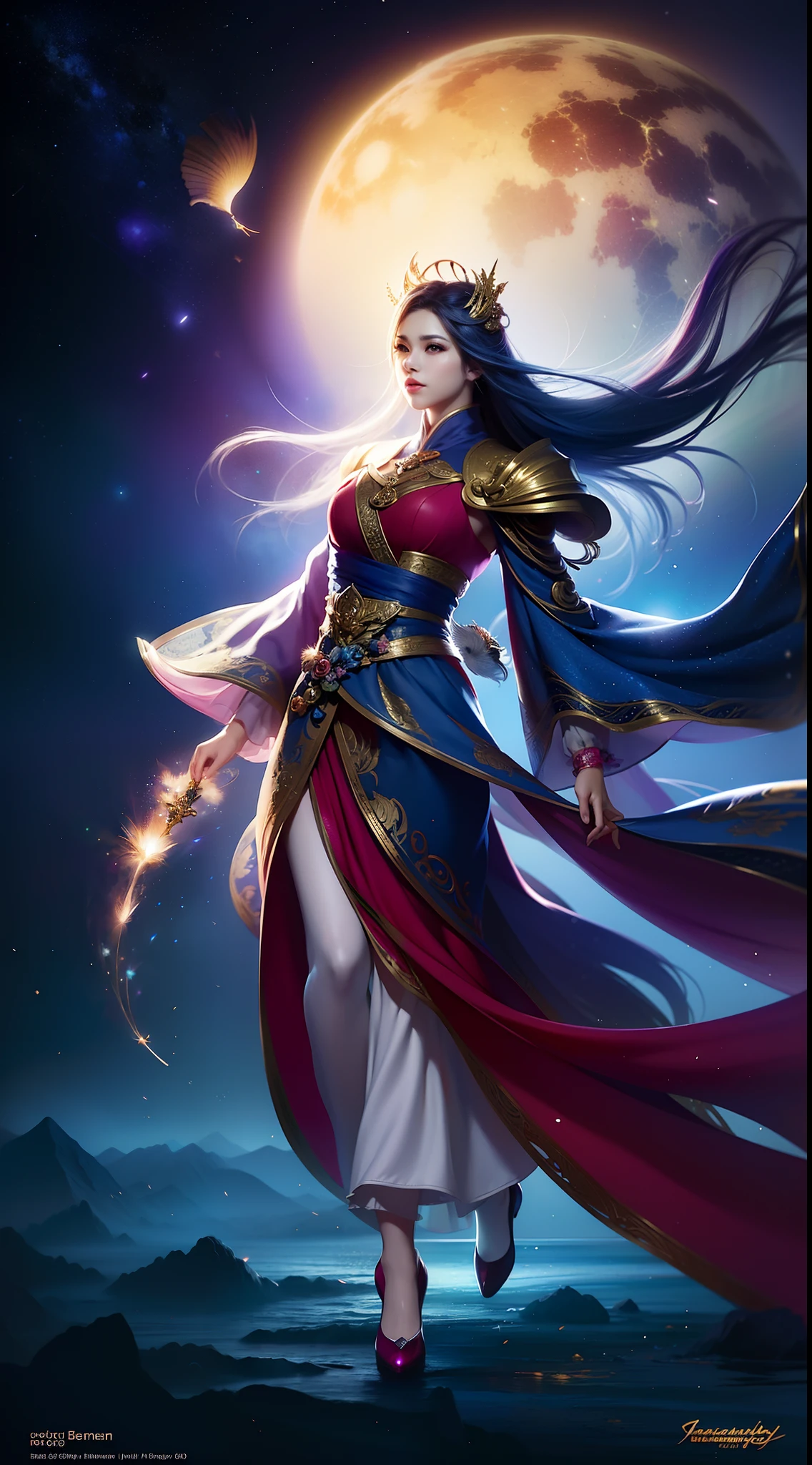 (Masterpiece, Top Quality, Best Quality, Extreme Detail, Supreme Detail, Official Art, Beauty and Aesthetics: 1.2), Colorful, Upper Body Shot, Beautiful Face, Solo, Perfect Body, (Flying on Sky Clouds: 1.6), Fairy, Flowing Streamers, Sun Rays, Clouds, Full Body, Hanfu, Chinese Clothes, White Dress, Water, Fireflies, Night, Starry Sky, Jewelry, Feathers on Dresses, Peacock Feathers, Light Particles, Volume Lighting, ray tracing (flowing streamers: 1.1), (fantasy novels: 1.2), illuminators, stars, fantasy, high contrast, ink strokes, overexposure, purple and red tone impressions, abstract, (watercolors by John Berkey and Jeremiman)) brush strokes,