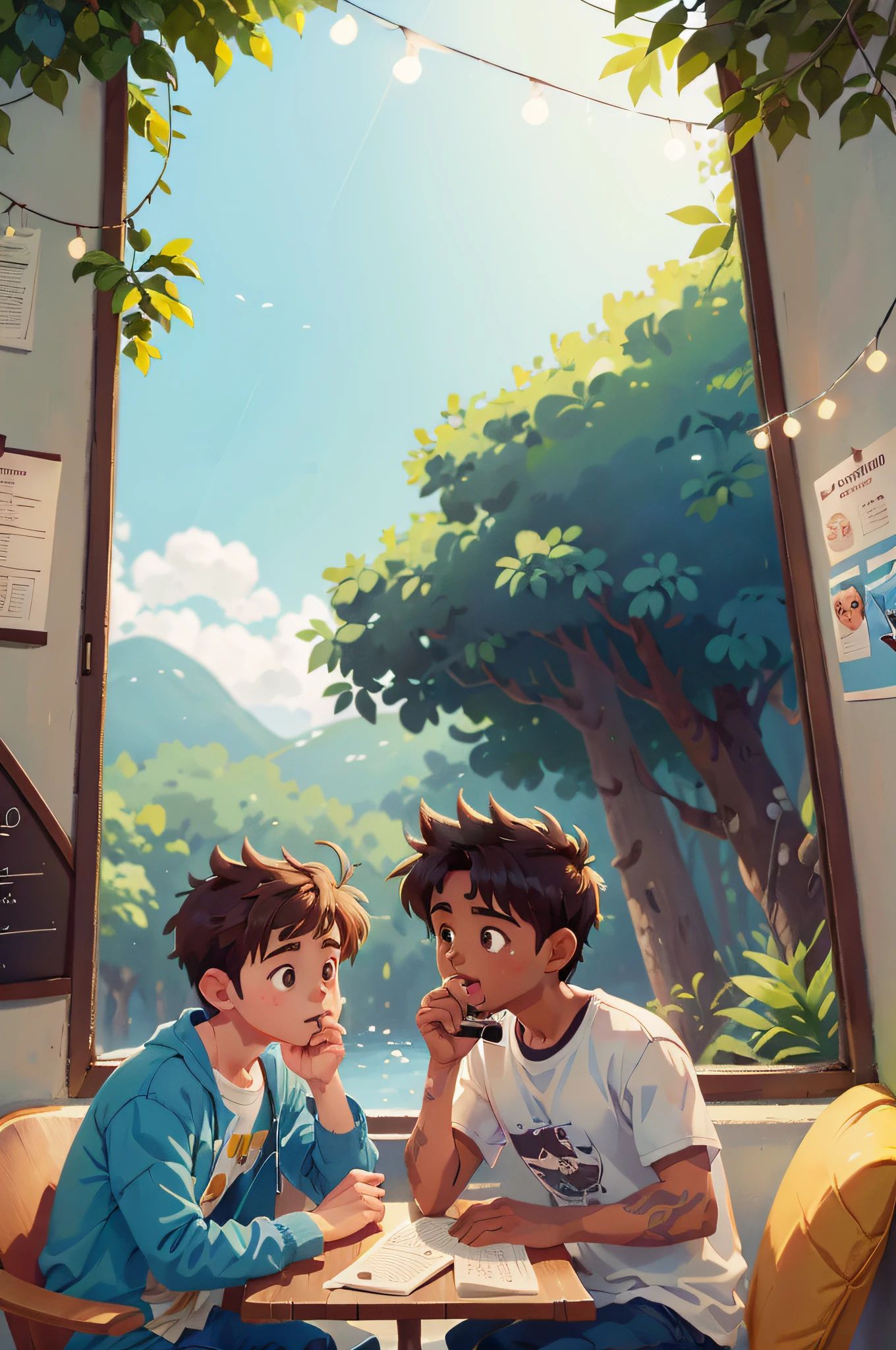 Illustrate a scene from a café or meeting place where Arthur, branco, 10 anos e Miguel, branco, 8 anos, are seated, Hearing the rumor of other children, sobre a Ilha de Chocolate de um estranho misterioso.