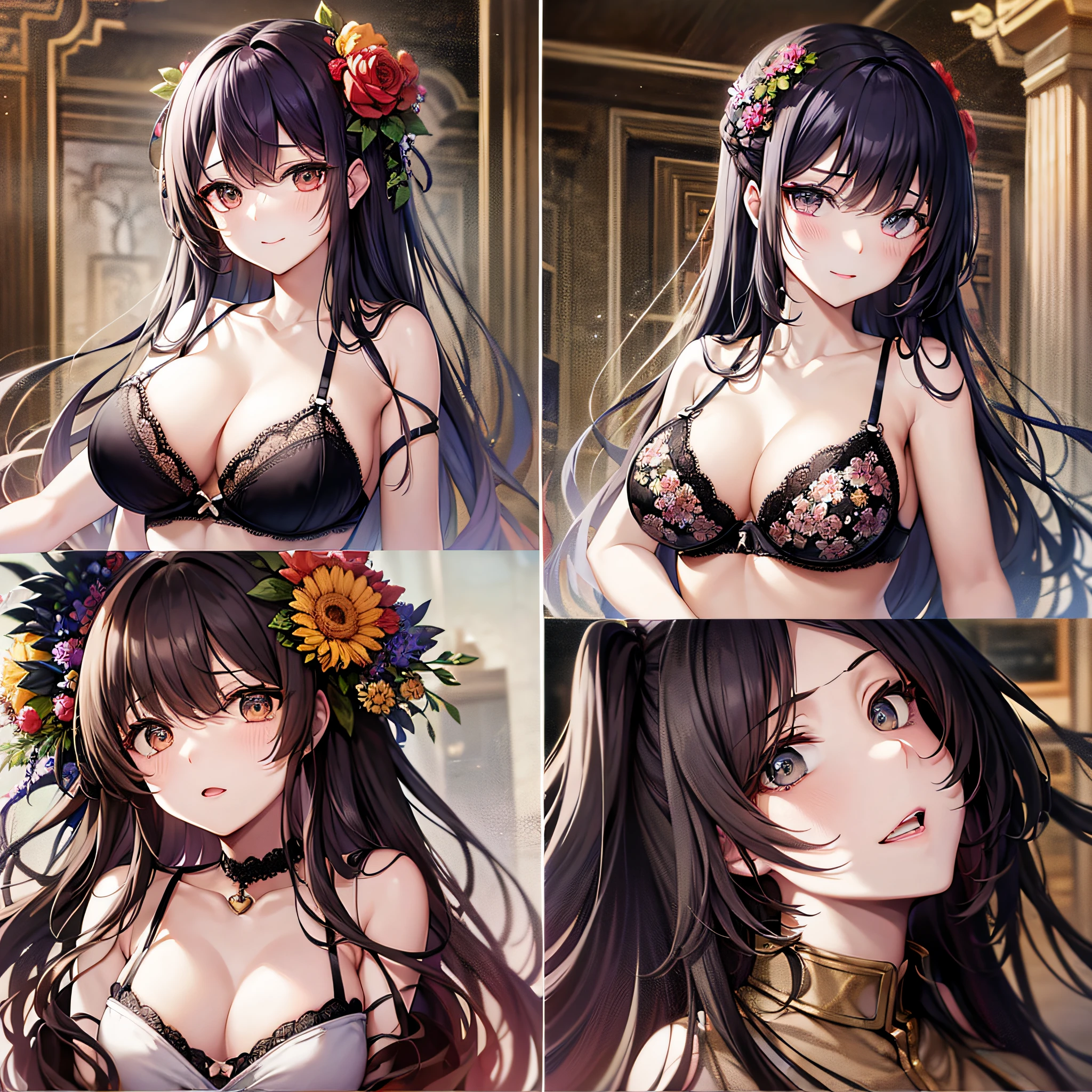 Obras、maximum quality、High definition、sozinho、seios enormes、dentro、Gangorra、Misaligned floral bra:、gravata lateral t-back、expansion、de cima、arms extended、raiva、cama、Roupa interior floral desgrenhada、harsh breath、Sexual facial expressions、Kurokami、Longas