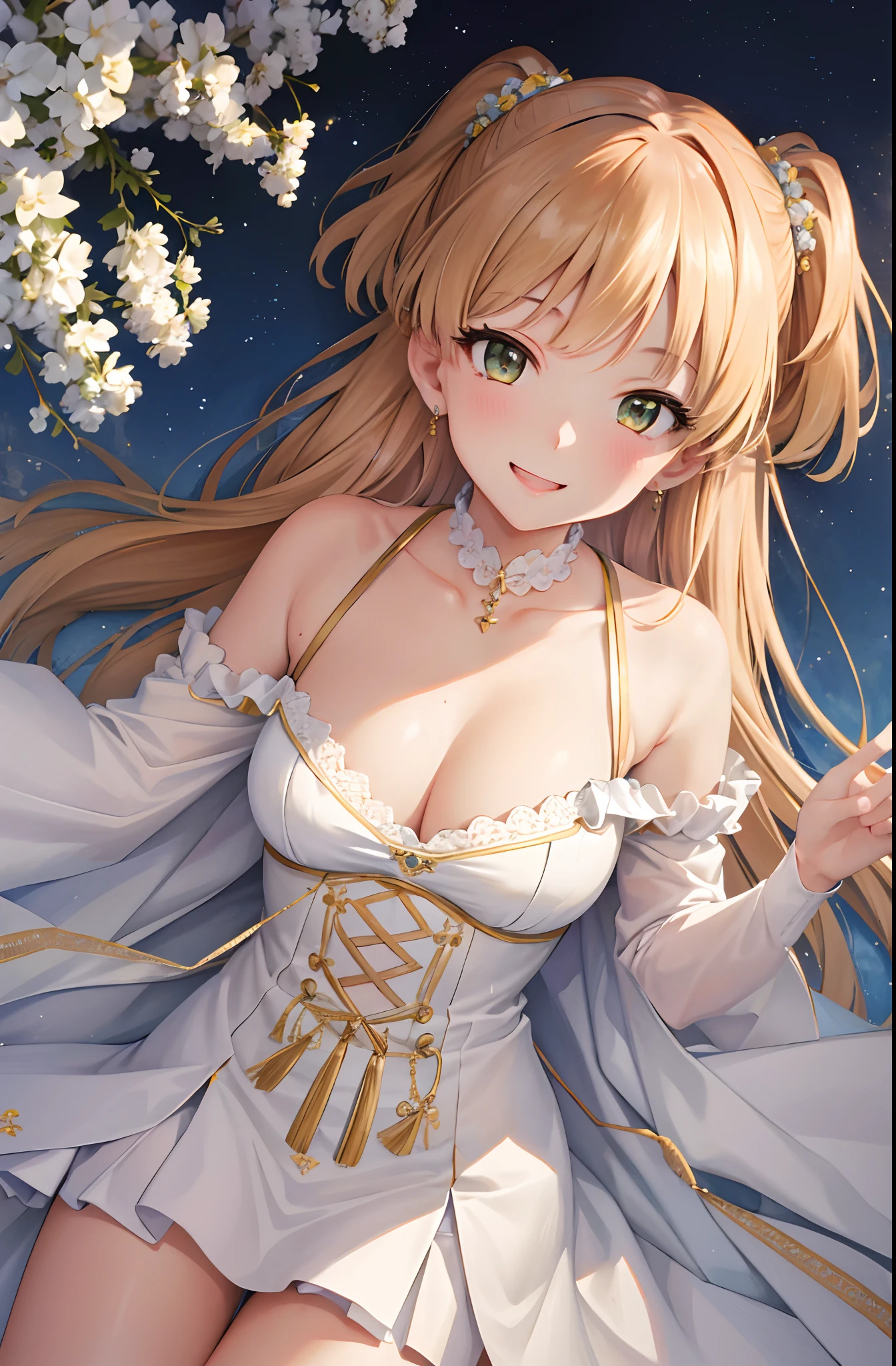 ​masterpiece、top-quality、The ultra -The high-definition、hight resolution、Transcendent Technique Illustration、perfect anatomia、8K、a beauty girl、a smile、Chest Empty Dresses、cleavage of the breast、cute hairstyle、Random hair color