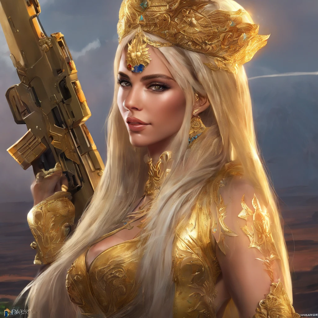 Gere uma imagem da personagem Mara, ((nua)), also known as 'Mara Death Dealer', do jogo Call of Duty: Guerra moderna: corpo inteiro, [olhos verdes], ((olhar fulminante )), cruel, brincos grande, colar, pulseira, rings, watch, (((tudo de ouro))) on an aircraft carrier, sol poente, corpo escultural, flowing hair, ((metralhadoras, armas, Fuzil AK-47, Granadas, gold accessories)) Standing next to the one ((F-35 Lightning 2° Fighter)), ((sistema  Patriot))