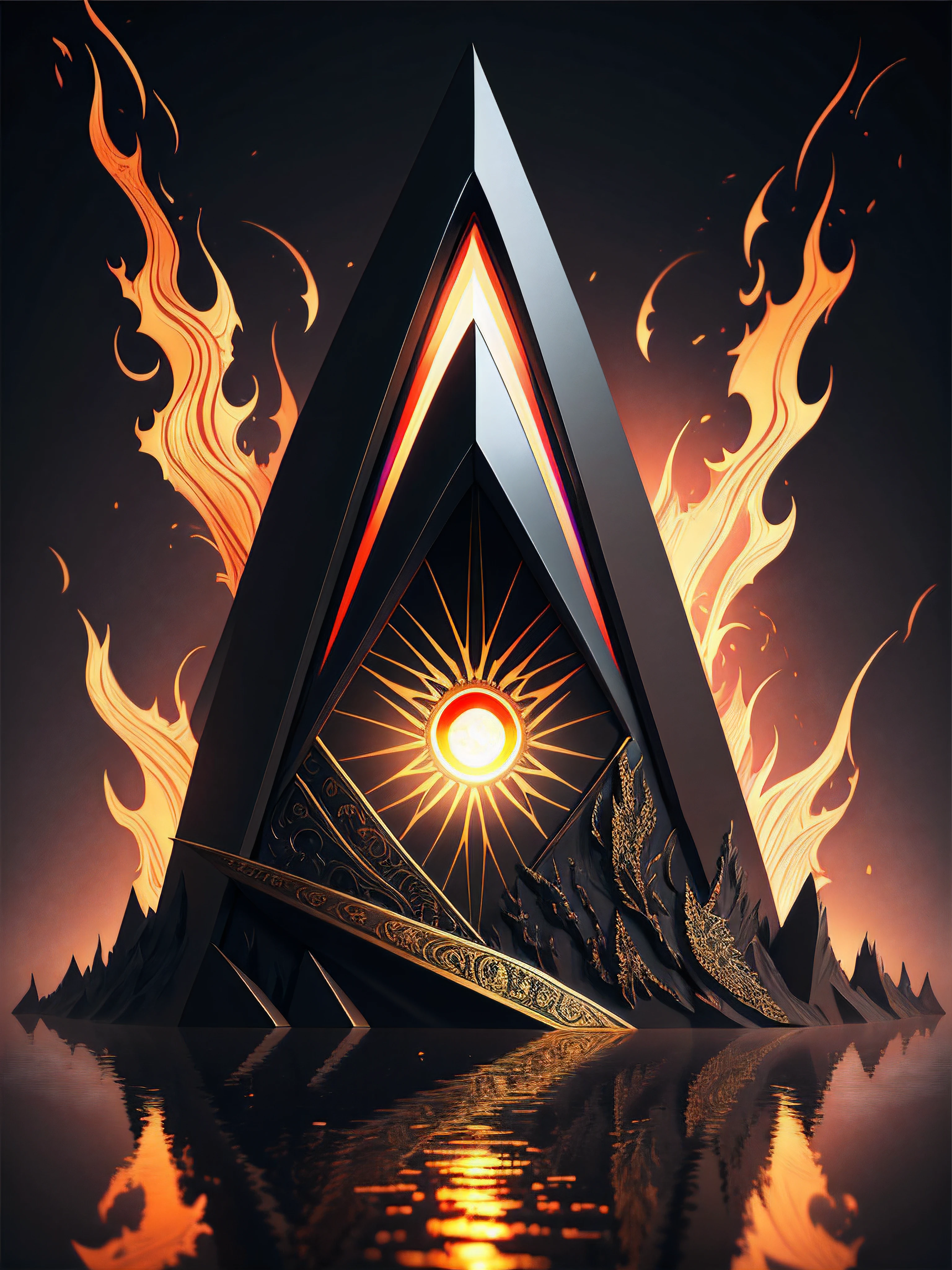 black smooth metallic monolith with multicolor dragon eye in the middle of a dark swamp, blood, portal, sunrise, fog, gold and petrol pattern, transparent, magic, science fiction, ai, trading derivatives, HDR, RGB, highly realistic, Volumetric light, auras, rays, vivid colors reflects, trending on artstation, sharp focus, studio photo, intricate details, highly detailed,