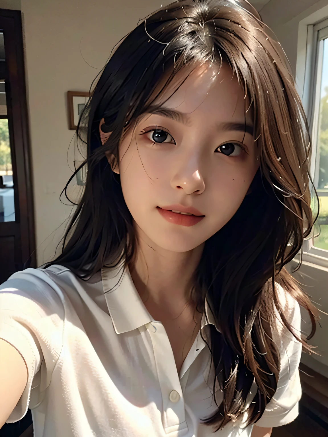 (realistic, photorealistic: 1.4), (8k, RAW photo, better quality, masterpiece: 1.2), cute, ultra-detailed, physically based representation, ultra-high-resolution, 15 years old, looking at the viewer, alone, better quality, extremely detailed face, extremely detailed eyes and face, beautiful detailed eyes, incredibly high resolution, smile, (messy hair, floating hair, long brunette hair), fair skin, brown eyes, round face, white color polo shirt, room background, short stature, selfie, caucasian, white