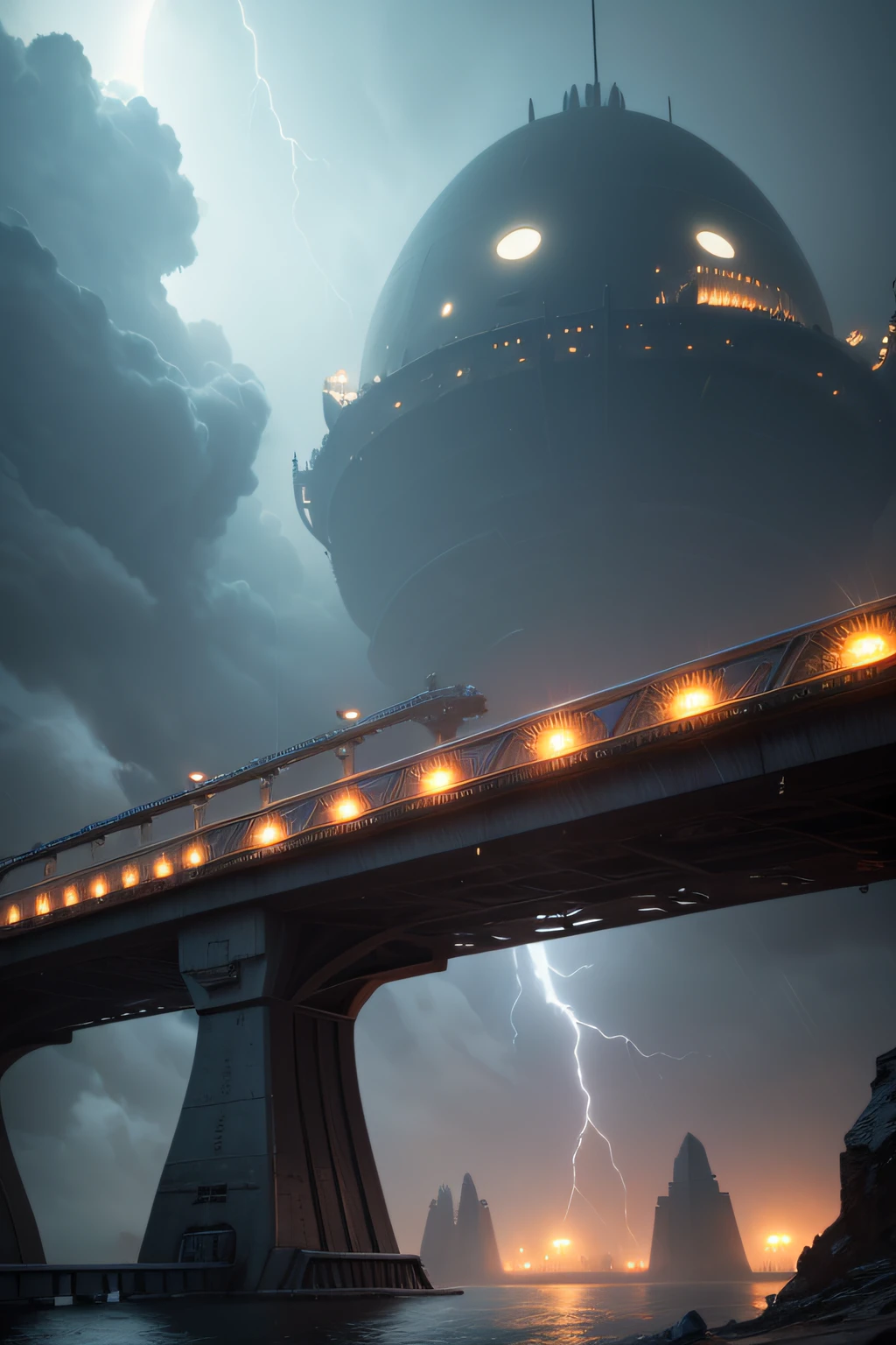 A realistic tooth shaped orbital spacecraft textured passed through a completely fuzzy bridge detailled due to a storm
