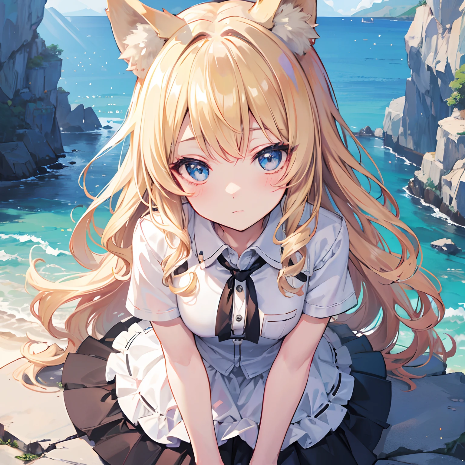 masutepiece, Best Quality, Wolf Girl, Elegant, 1girl in, Wolf ears, Wolf tail, Cute, blushed, Looking at Viewer, From above, Blonde wavy hair, Mini skirt, White and black striped T-shirt, Blue eyes, Beautiful eyes, Beautiful background, light Particle, Sun rays, Dramatic Lighting, Outside, shiny, Realistic, masutepiece, Best Quality, Ultra-detailed, Detailed, Scenery, Beautiful detailed eyes, detailed hairs