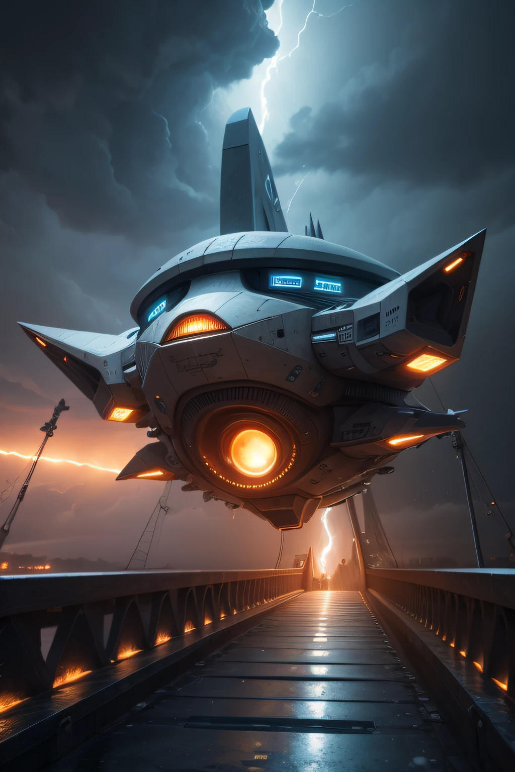 A realistic tooth shaped orbital spacecraft textured passed through a completely fuzzy bridge detailled due to a storm