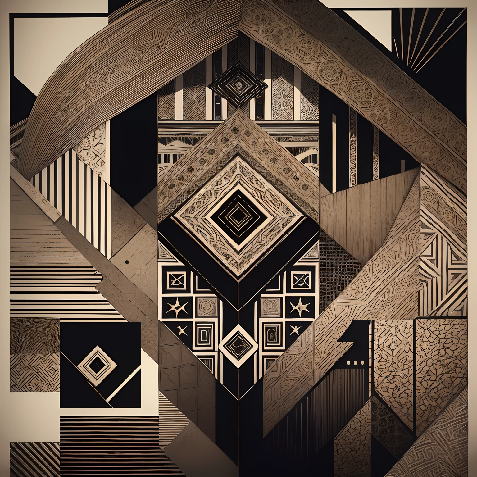 African geometric elegance
Description: Imagine a series of visually striking artworks that blend African cultural elements with geometric shapes. Emphasis should be placed on conveying a sense of elegance and sophistication, each work exudes a unique style and uses black and white colors that evoke the richness of Africa.