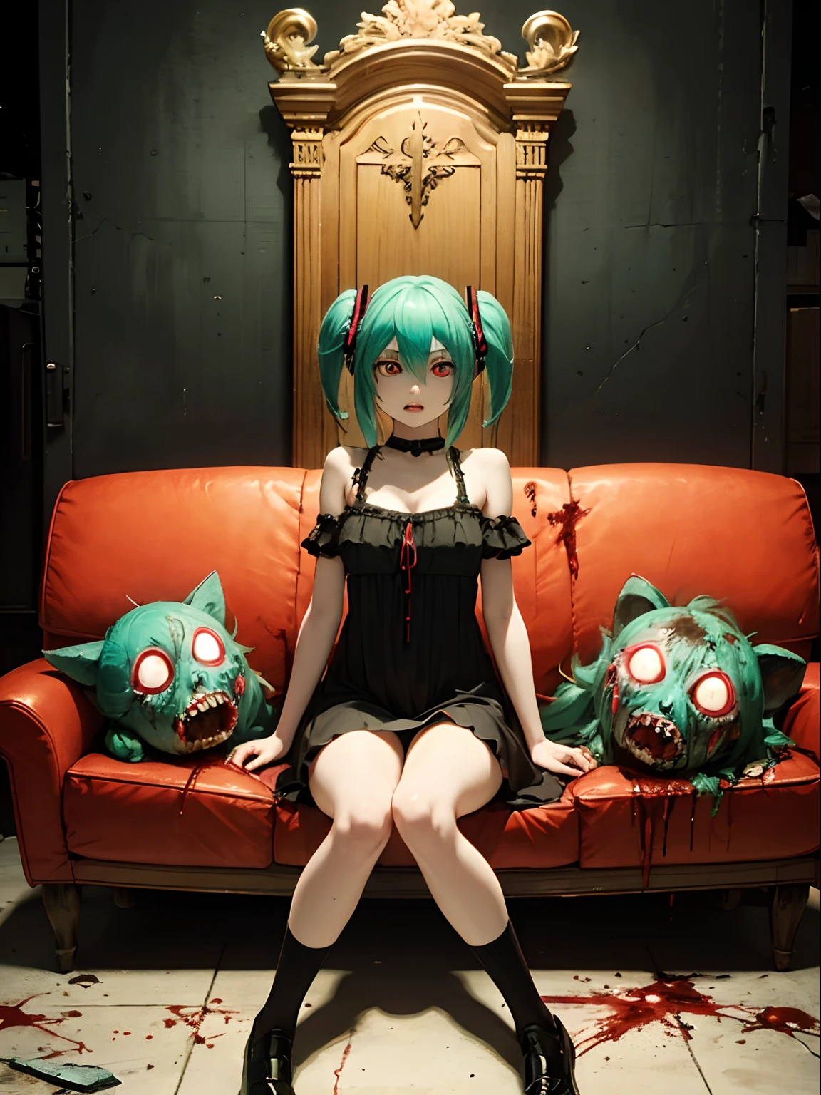 Ahegao、miku hatsune、Green hair、sitting in a throne、Black Dress、Very fellow humanoid characters, red eyes, She's crazy, nutty, horor, is scared, is scared, Shock value, Very diabolical, evocation, terrorism, terrorism, terrorism, rot, feeling of disgust, She is a psychopath, murky, extremely pale, paler, matted,, seem, terrifying, disease, Background ruins, gore, Bloody_mano, Yui, full body Esbian, (Messy_long_murky_Haar), Bosseler, evil eyes, Bright eye, psychopath, Leaning back on the sofa, cross one's legs