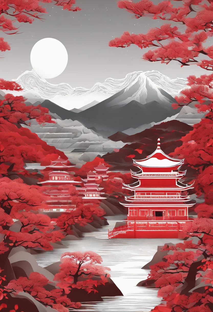Ancient painting giant pen, Poetic, beijing, Great Wall of China, mountain peaks，pigeons，lanterns，fire works，closeup cleavage, In the style of paper art, painting of beautiful, A very complex masterpiece, Beautiful and intricate red masterpiece, multi-layer, mysterious, Castle