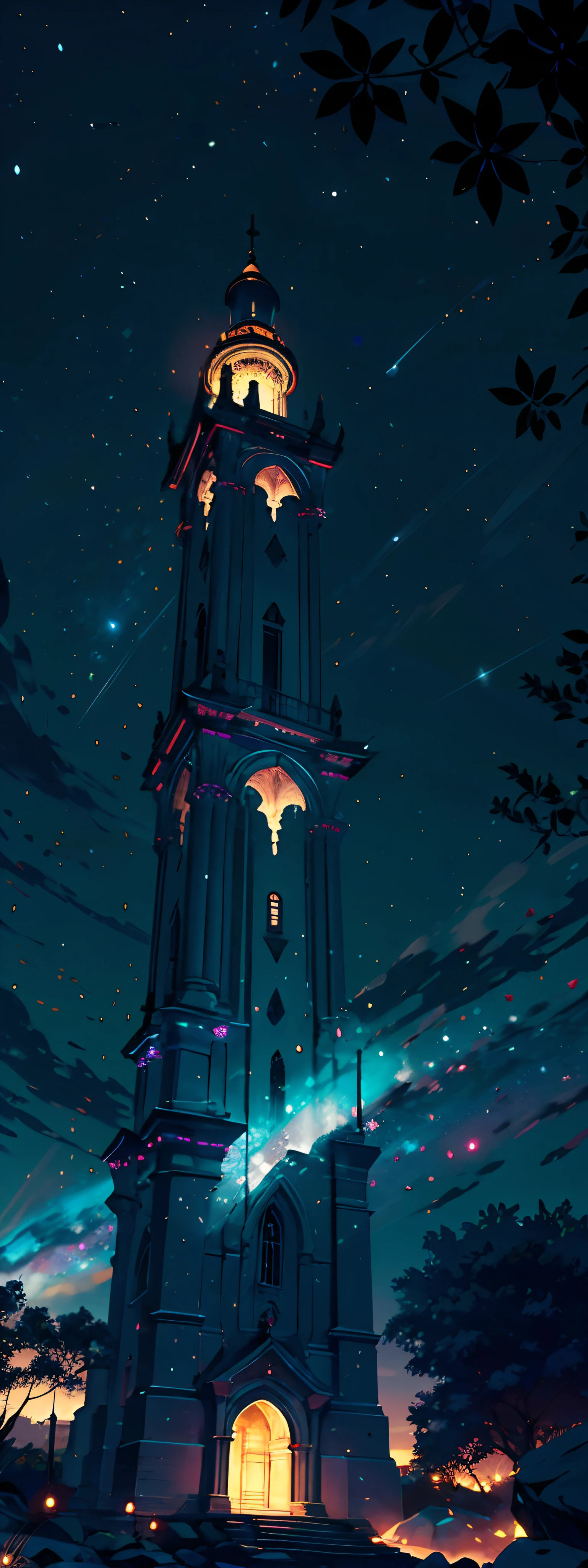 Por favor, create a stunning image that depicts the majestic Ethereon Celestial Tower at the height of twilight. The tower rises gracefully toward the heavens, its walls lined with magic stone that glows with a soft luminescence as the sunlight fades. Ethereal birds fly around the tower, while an aura of mystery surrounds its intricate architecture. An ethereal portal, adorned with arcane symbols, se abre no topo da torre, suggesting the connection between worlds. Nas profundezas do vale abaixo, the city of Ethereum begins to turn on its lights, creating a sparkling contrast to the rising night sky. The scene captures the magical atmosphere and grandeur of the tower, highlighting its importance in the Chronicles of the Celestial Tower: Ethereon Revelado, fotografia de paisagem expansiva, (a view from below that shows the sky above and the open field below), uma garota parada em um campo de flores olhando para cima, (lua cheia: 1.2), (estrelas cadentes: 0.9), (nebulosa: 1.3), montanha distante , BREAK tree production art, (fonte de luz quente: 1.2), (Firefly: 1.2), lamp, muito roxo e laranja, detalhes complexos, volumetric lighting BREAK (obra-prima: 1.2), (melhor qualidade), 4k, ultradetalhado , (dynamic compositing: 1.4), detalhes coloridos altamente detalhados (cores iridescentes: 1.2), (bright illumination, Atmospheric Illumination), sonhador, magica, (solo: 1.2)