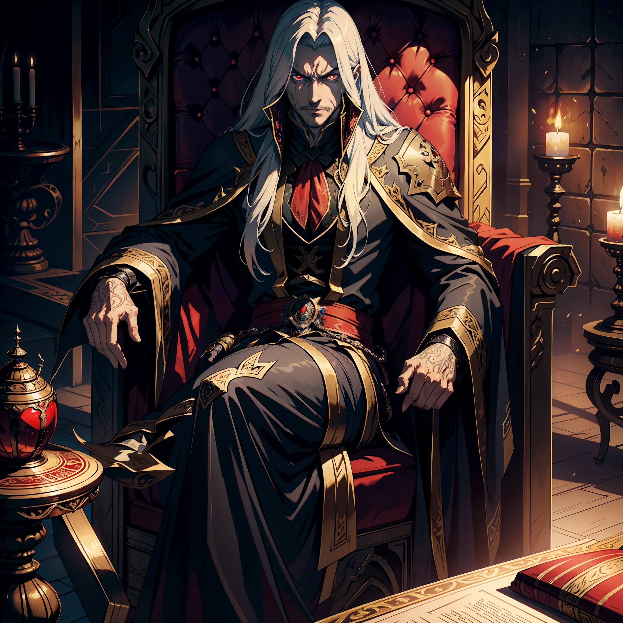 Castlevania Lord of the shadows hyper realistic super detailed scary Lord Dracula sitting in his great Legendary Moroccan throne Reading great Scrolls with Angry expression red glowing eyes face portrait hyper realistic super detailed Dynamic shot master piece scene cinématique scènes movie Epic Legendary