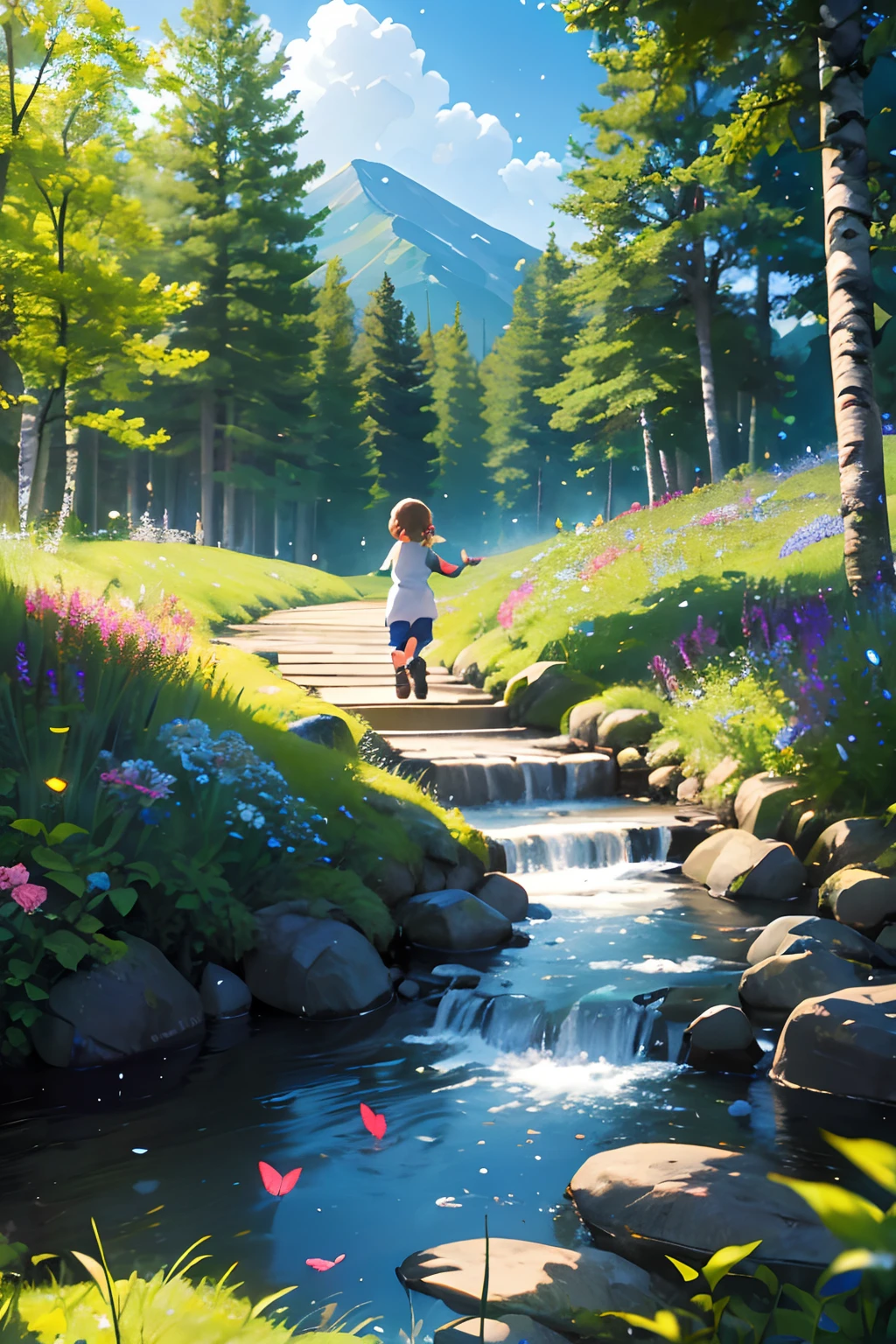 Mountain path, fir trees, birch trees, children playing, flowers, butterflies, flying birds, landscape, birds chirping, sunlight filtering through the trees, soft breeze, lush green foliage, sparkling water reflections, vibrant wildflowers, joyful laughter, carefree children's expressions, dynamic brushstrokes, mountain, harmonious composition.