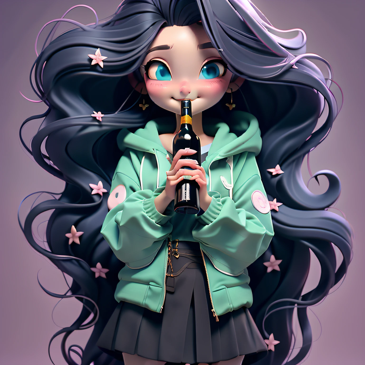 1girll, long whitr hair, eBlue eyes, 耳Nipple Ring, jewely, 独奏, a skirt, looking at viewert, black color hair, ssmile, holding wine bottle,Very long hair, Star hair ornaments, jaket, cparted lips,pub