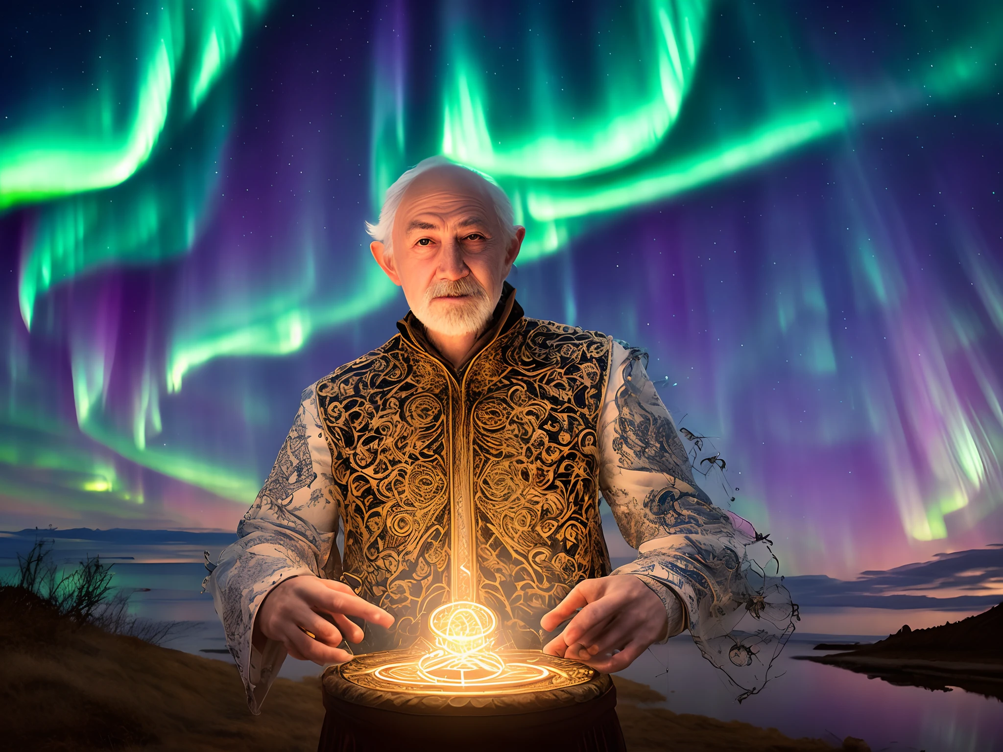 Prompt 1: A 3D image of a wizard who is deeply engrossed in performing a spell, with his hands gracefully moving in intricate patterns, as if conjuring ancient magic in a mystical realm, illuminated by the enchanting glow of an aurora borealis-filled sky.