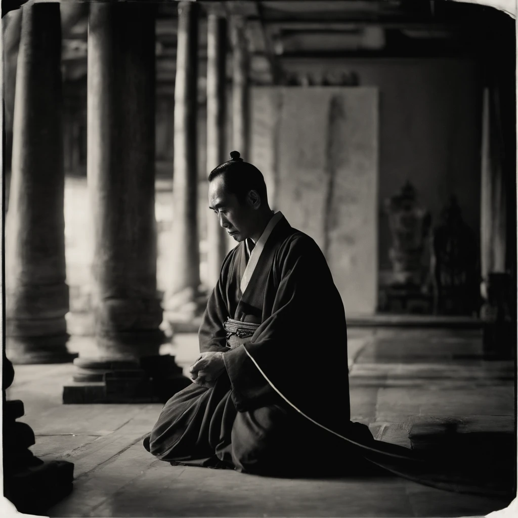 Yukio Mishima  is sitting on the ground,, with a sword in hand, behind him stands a Japanese woman in the background