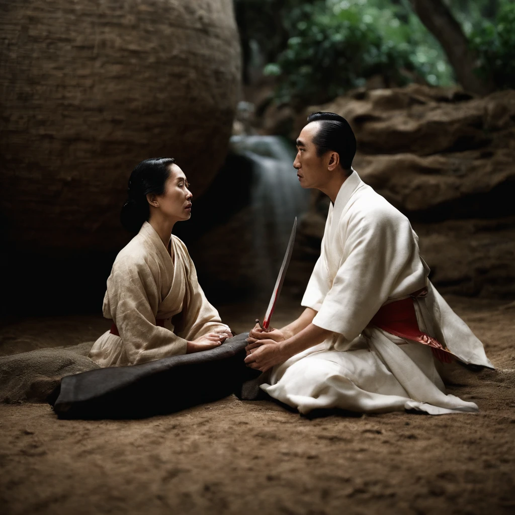 Yukio Mishima  is sitting on the ground,, with a sword in hand, behind him stands a Japanese woman in the background