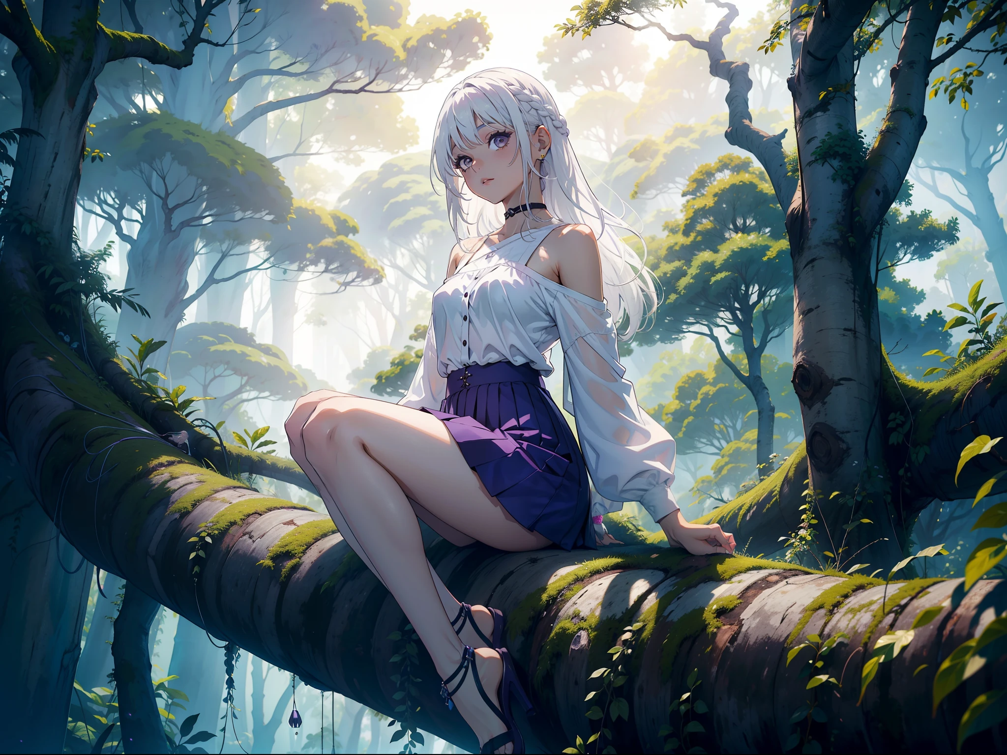 Mulher bonita sentada meditando em baixo de uma arvore roxa, detalhes em roxo na sua roupa, atmosfera roxa, (((Cabelo branco))), (((micro skirt))), cabelos brancos longos, feiticeira magia roxa ao redor, divine lighting, num campo magico, ((White Hair)), ((tree purple)), full body