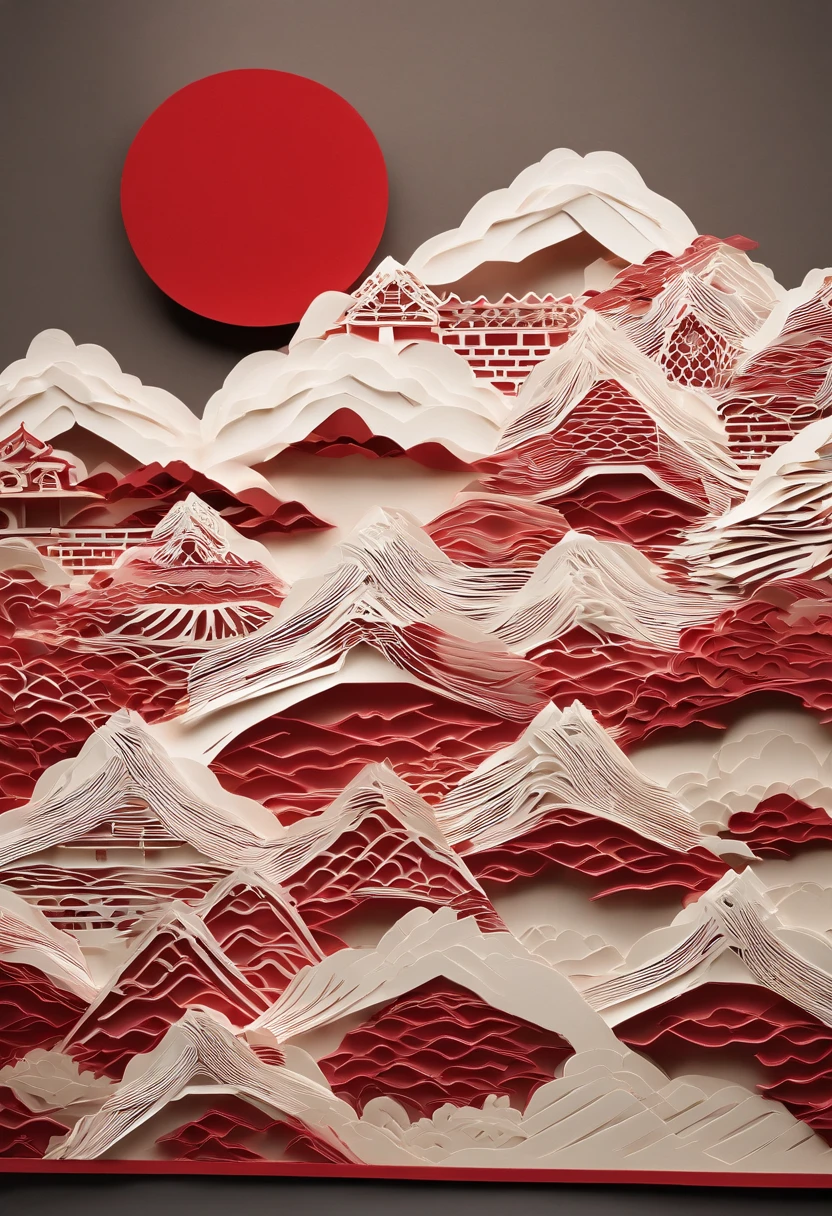 Great Wall of China, mountain peaks，closeup cleavage,The style of Chinese paper-cutting, painting of beautiful, A very complex masterpiece, Beautiful and intricate red masterpiece,