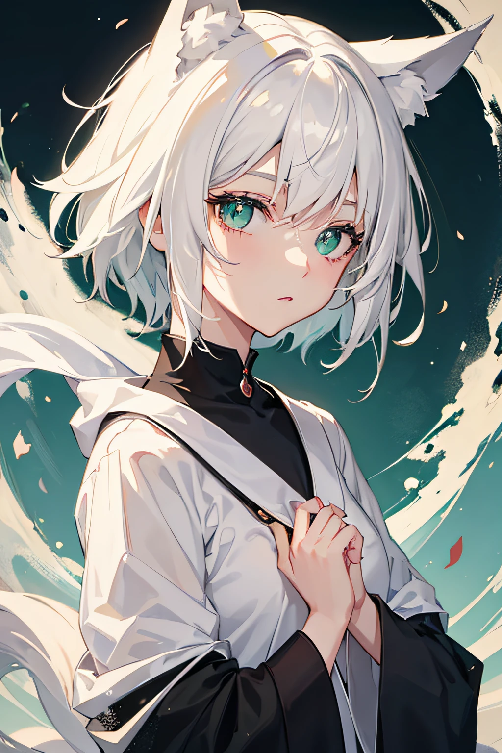 1 person Green eyes Fox ears White hair Short hair Black clothes Standing Camera gaze Lori Night shrine Beautiful eyes Beautiful hands