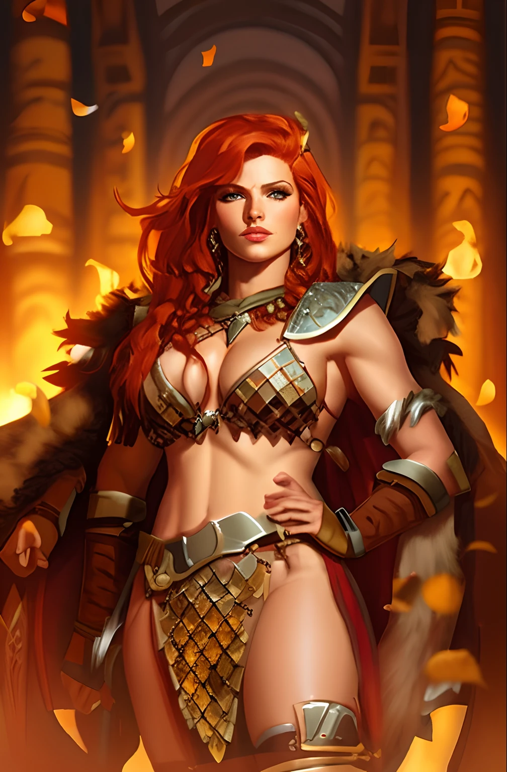 um close up de uma mulher em um traje com uma espada, Rainha ruiva em armadura vermelha pesada, uma mulher berserker muito bonita, female redhead templar, dungeons and dragons character, barbarian woman, Guerreira do Norte, Shallan Davar, very beautiful female barbarian, Guerreira adulta do norte, portrait of a barbarian woman, barbarian warrior woman, d & d personagem de fantasia