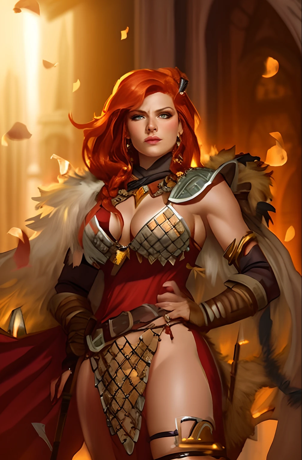 um close up de uma mulher em um traje com uma espada, Rainha ruiva em armadura vermelha pesada, uma mulher berserker muito bonita, female redhead templar, dungeons and dragons character, barbarian woman, Guerreira do Norte, Shallan Davar, very beautiful female barbarian, Guerreira adulta do norte, portrait of a barbarian woman, barbarian warrior woman, d & d personagem de fantasia