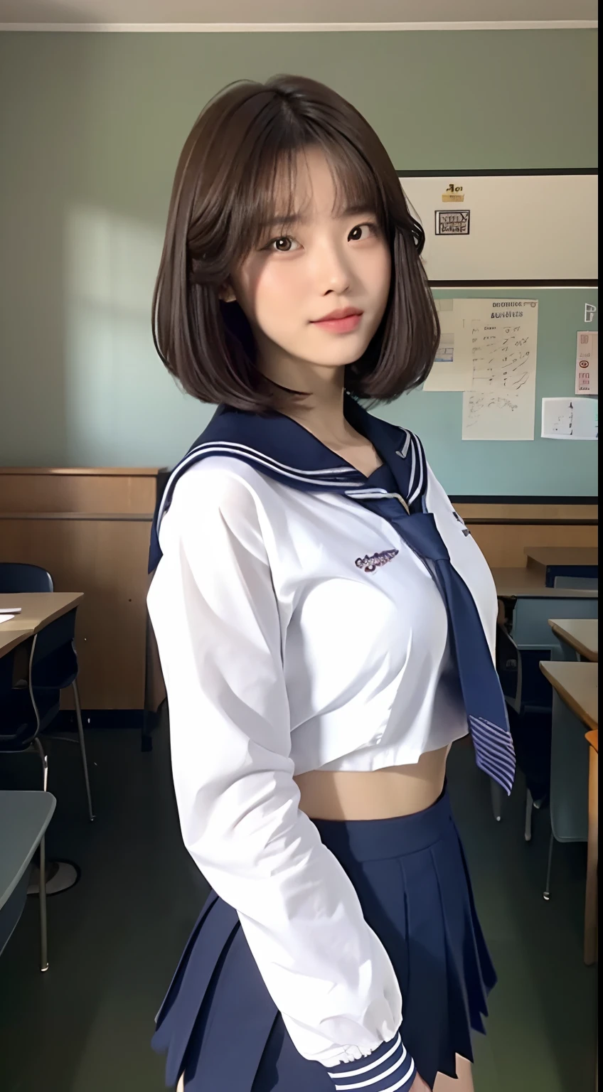 (Top Quality, 8K, Masterpiece: 1.3)), Focus: 1.2, Perfect Body Beauty: 1.8, Ass: 1.2, ((Layered Haircut, Breasts: 2.5)), Japan High School Girl, Sailor Suit Worn by Japan High School Students, JK, (School, Classroom), Highly Detailed Face and Skin Texture, Big Eyes, Tanuki Face, Double Eyelids, Whitened Skin, Shoot Cut