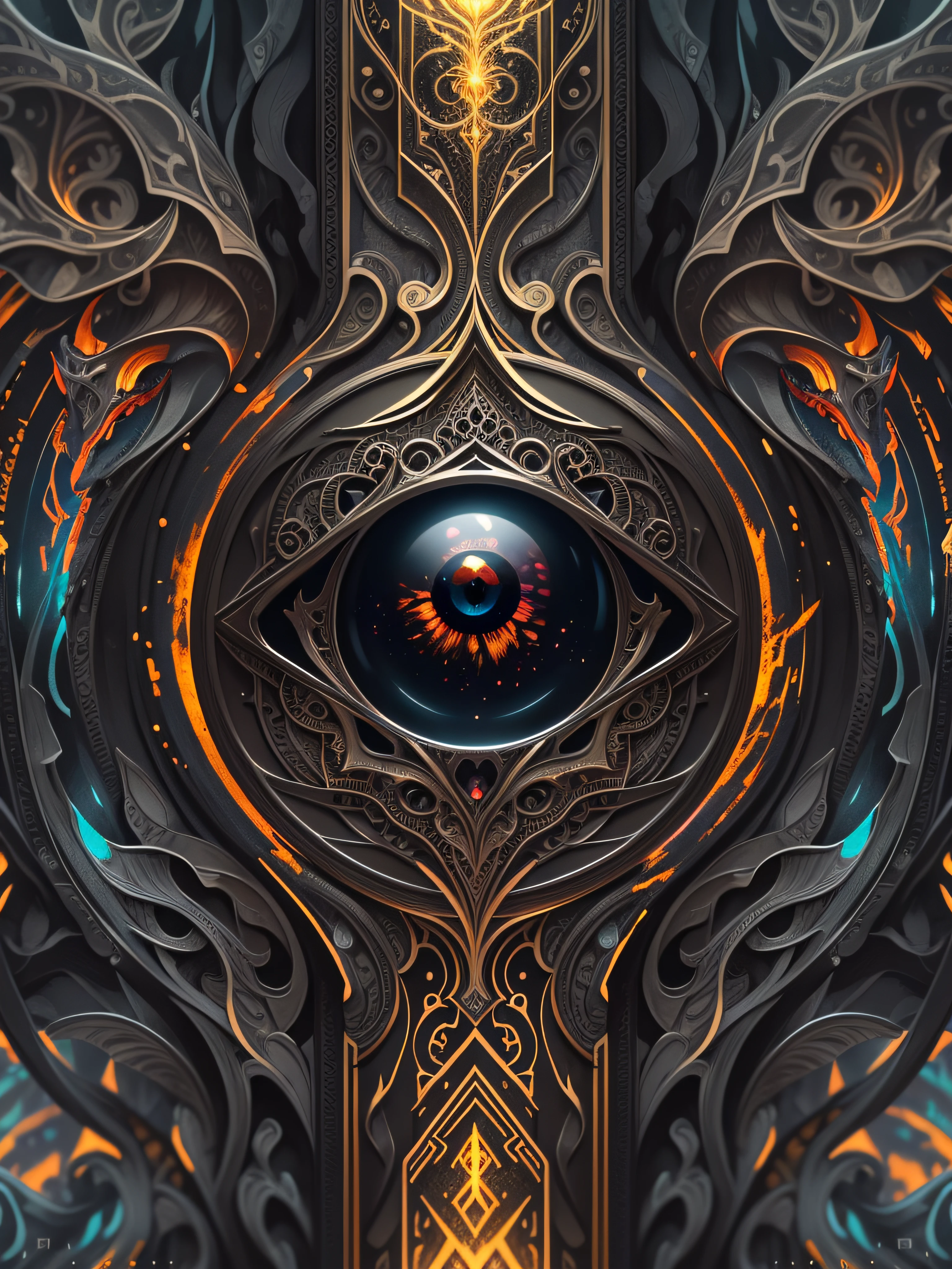black smooth metallic monolith with multicolor dragon eye in the middle of a dark swamp, blood, portal, sunrise, fog, gold and petrol pattern, transparent, magic, science fiction, ai, trading derivatives, HDR, RGB, highly realistic, Volumetric light, auras, rays, vivid colors reflects, trending on artstation, sharp focus, studio photo, intricate details, highly detailed,