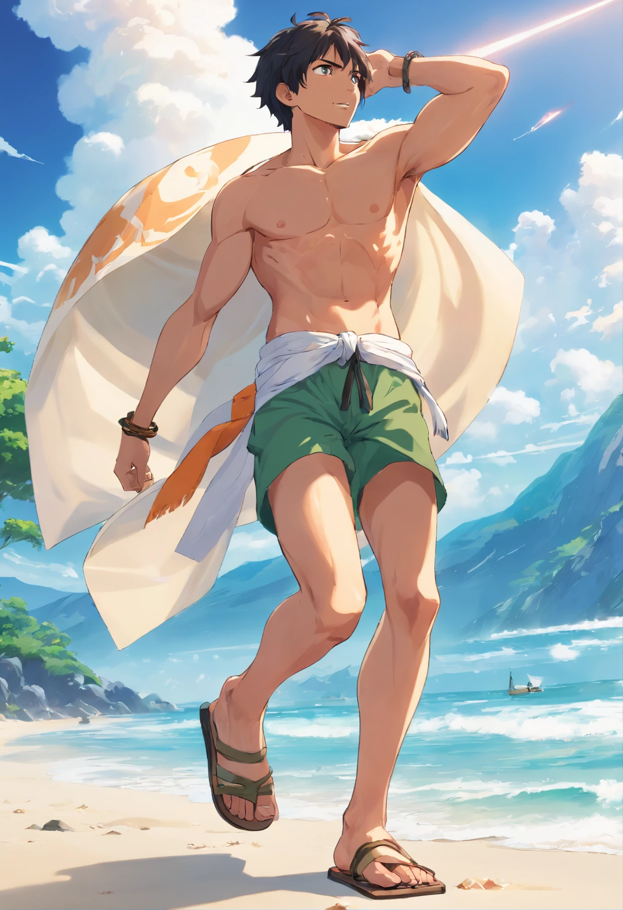 A close-up of a man in shorts and sandals, loincloth, wearing loincloth, loin cloth, Shirtless :: High detail, in clothes! Highly detailed, sarong, Roronoa Zoro, Eiichiro Oda style, SNK, from one piece, handsome guy in demon killer art, Semi-realistic, Half realistic, on the beach,full body