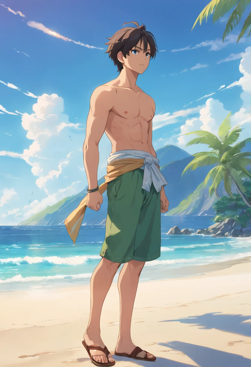 A close-up of a man in shorts and sandals, loincloth, wearing loincloth, loin cloth, Shirtless :: High detail, in clothes! Highly detailed, sarong, Roronoa Zoro, Eiichiro Oda style, SNK, from one piece, handsome guy in demon killer art, Semi-realistic, Half realistic, on  the  beach,full body