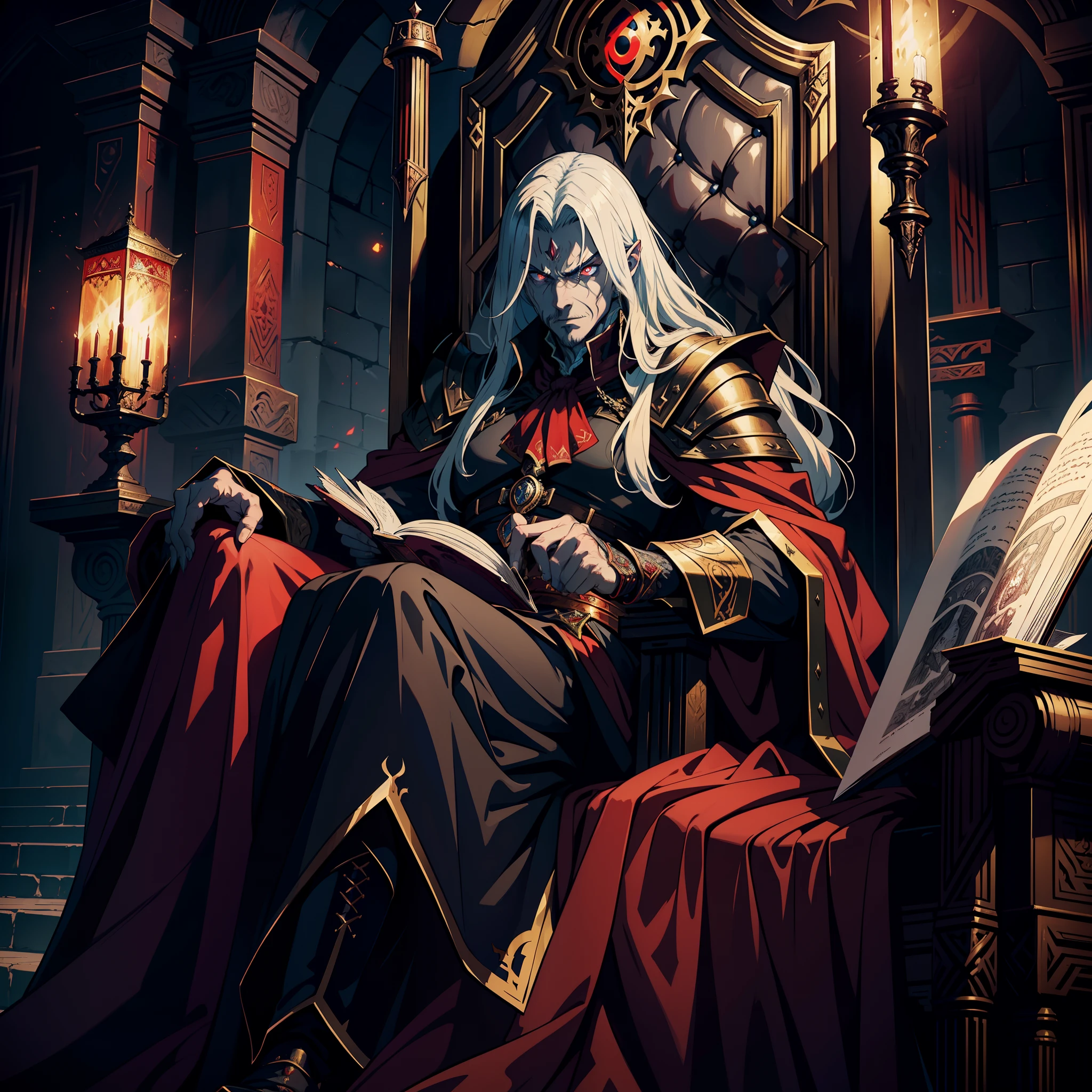 Castlevania Lord of the shadows hyper realistic super detailed scary Lord Dracula sitting in his great Legendary Moroccan throne Reading great Scrolls with Angry expression red glowing eyes face portrait hyper realistic super detailed Dynamic shot master piece scene cinématique scènes movie Epic Legendary