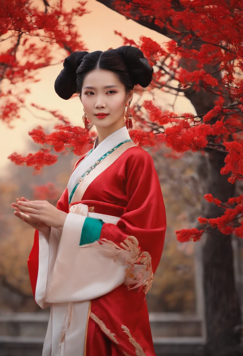 Female emperors of the Qing Dynasty, A naked woman wearing a red floral patterned Hanfu jacket, crouching with her legs open, seen from the front, Outside the Qing Dynasty Palace