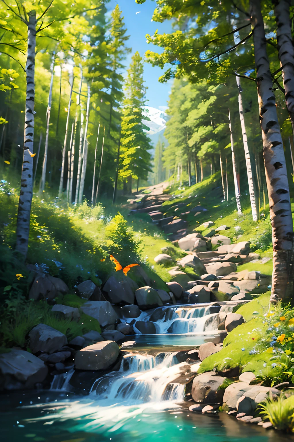 Mountain path, fir trees, birch trees, children playing, flowers, butterflies, flying birds, landscape, birds chirping, sunlight filtering through the trees, soft breeze, lush green foliage, sparkling water reflections, vibrant wildflowers, joyful laughter, carefree children's expressions, dynamic brushstrokes, mountain, harmonious composition.