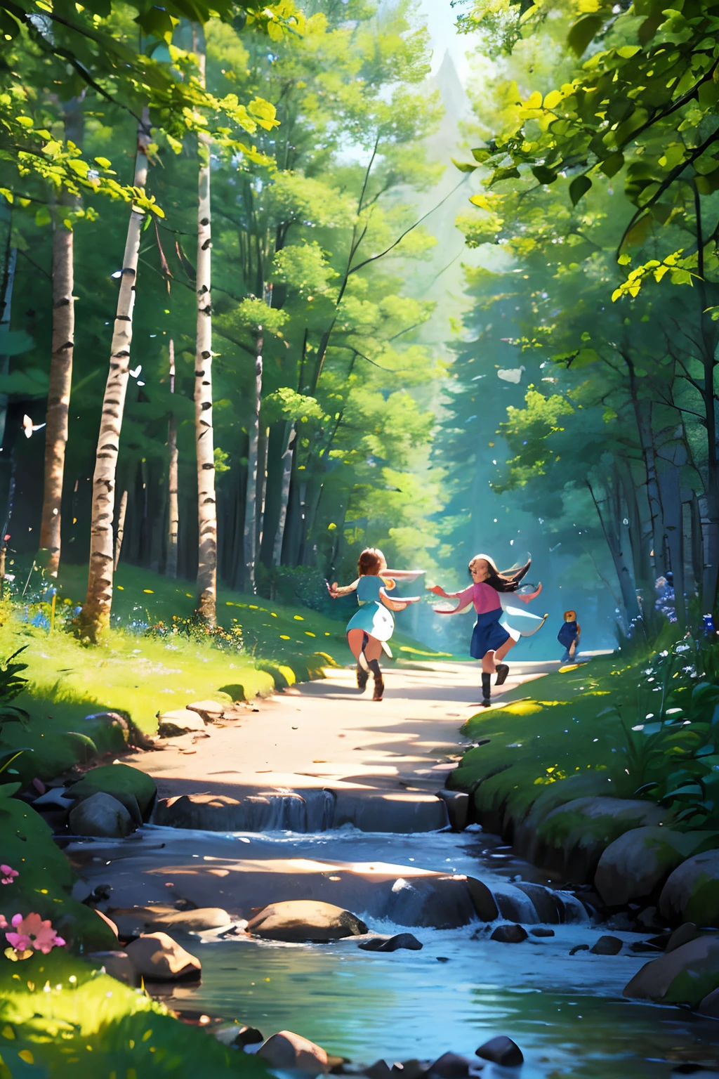 Mountain path, fir trees, birch trees, children playing, flowers, butterflies, flying birds, landscape, birds chirping, sunlight filtering through the trees, soft breeze, lush green foliage, sparkling water reflections, vibrant wildflowers, joyful laughter, carefree children's expressions, dynamic brushstrokes, mountain, harmonious composition.