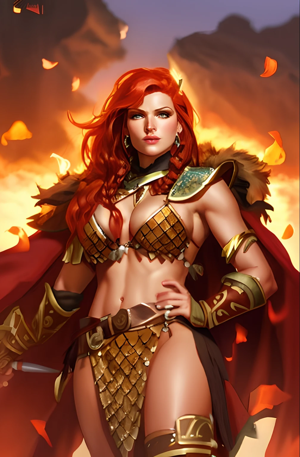 um close up de uma mulher em um traje com uma espada, Rainha ruiva em armadura vermelha pesada, uma mulher berserker muito bonita, female redhead templar, dungeons and dragons character, barbarian woman, Guerreira do Norte, Shallan Davar, very beautiful female barbarian, Guerreira adulta do norte, portrait of a barbarian woman, barbarian warrior woman, d & d personagem de fantasia