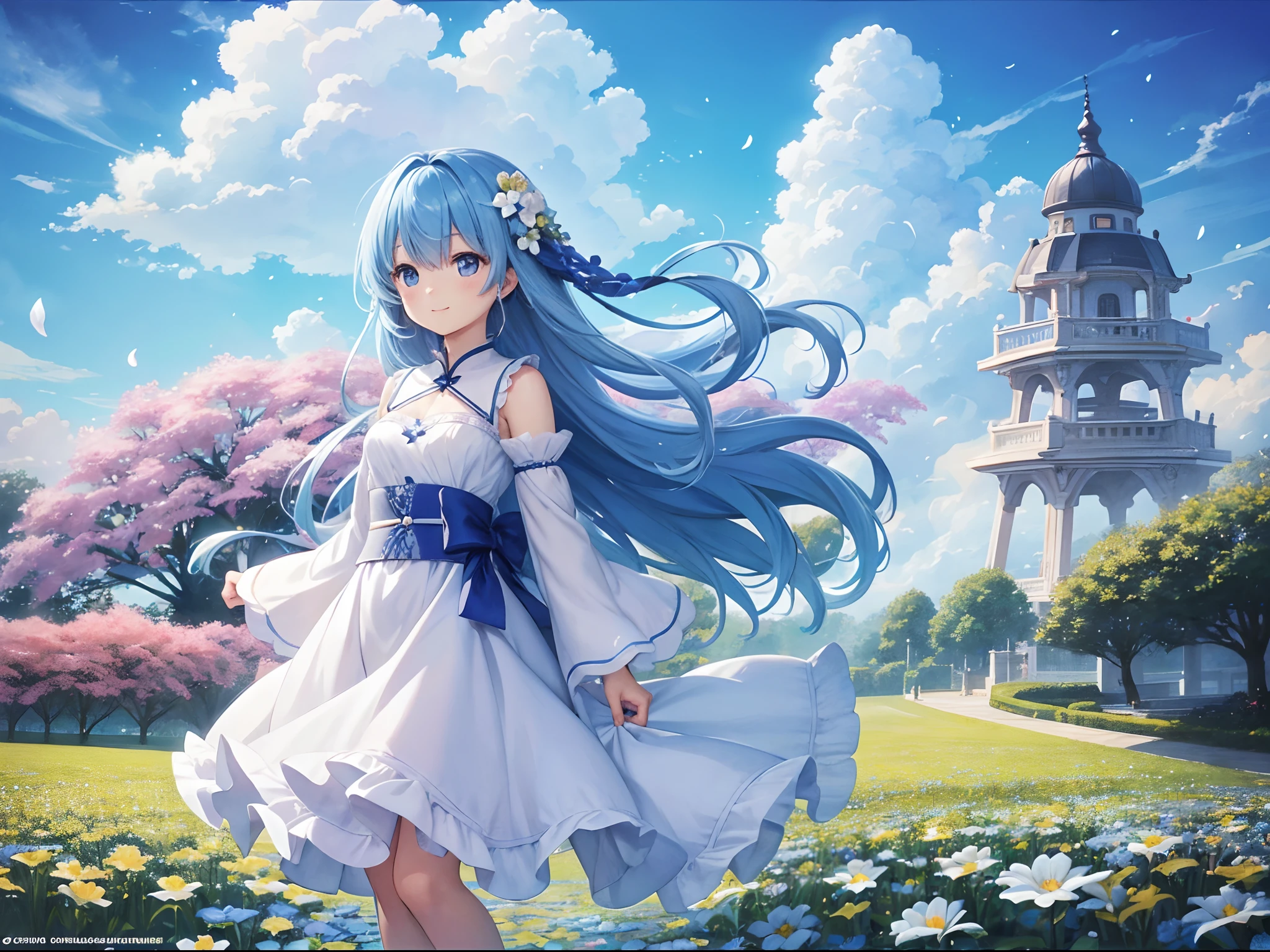 (hight resolution、ultra-detailliert、nffsw、movie)、独奏、1girl in、Happiness、girl standing in a flower field、Girl around the petals、A charming smile、full body Esbian、Long-haired girl with blue hair、lightblue hair、facing front、Fantasia、Official art、pop-art、profile、hyperdetailed face、ultradetailed eyes、Cosmos Flower Garden、Ultra Detailed Fields、White blue sky、 shuicolor、blanche、Nebulae in the sky、watercolor paiting、PastelColors