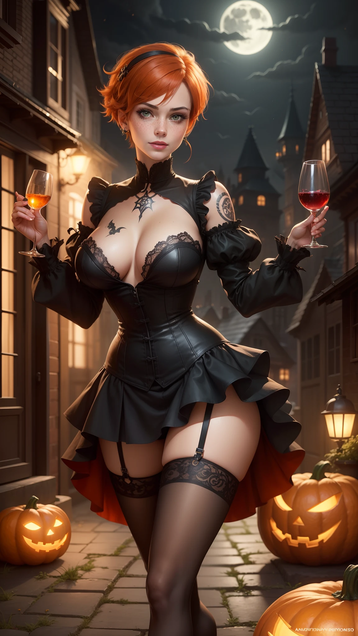 gwen tennyson,tracer,bulma,rebecca chambers,nier automata,solo girl,close up,moonlight,victorian steampunk skirt,pirate corset,carnival dress and mask,red neck jewelry,body tattoos,garter belt,short hair,blood earrings,night gown,holding a wine glass,pumpkin village,halloween castle,bats,gothic makeup,glowing pumpkin,green eyes,orange hair,shy smile,freckles,redhead,beautiful girl,large breasts,stockings,high heels,ultra detailed,realistic,fantasy art,