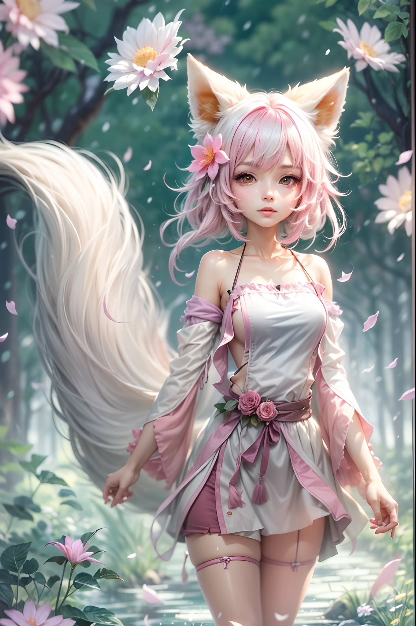 Nine snow-white fox tails (1.0), milky fox tail (1.0), fox close-up of nine tails, nine-tails, nine-tails, anime girl with pink hair and pink dress with flowers on her hair, very beautiful anime fox girl, beautiful anime fox girl, beautiful fantasy anime, guweiz, anime girl with fox ears, beautiful anime girl, very beautiful and cute fox girl, pink flower rain, background blur, anime style 4 K, anime fantasy artwork, 4k anime wallpaper, Artwork in the Guvez style