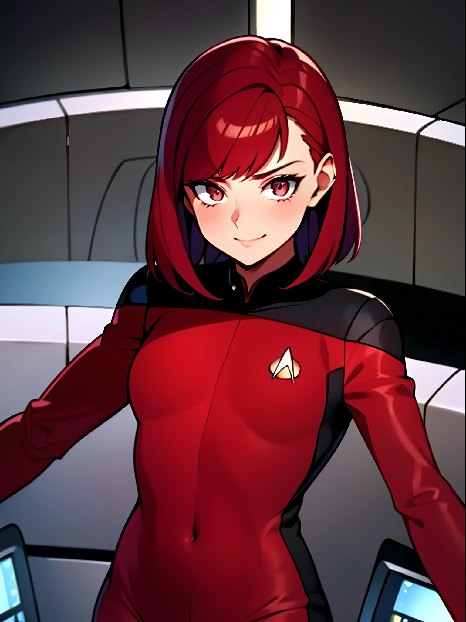 Outstanding picture quality, outstanding details, Ultra-high resolution, (Realism: 1.4), ((close up:0.75)), the best illustration, favor details, Highly concentrated for 1 very young Martian woman, beautiful and delicate face, Short tousled hair, Painted in fiery scarlet color(Vermilion hair), Brilliant golden eyes with vertical pupils, Very vulgar look, Bronzed Skin, sexually licks lips, Perfectly proportioned, (Slim:0.3, sharp small breasts with hardened nipples), Wear a very tight fit (Deep kameltoe) Monolithic silver shiny Starfleet jumpsuit, Unbuttoned to the waist(Breasts are visible), I love metallic red, inside a spaceship, Spacecraft control panel, Vessel management, The captain's bridge of the spaceship in the background, Very sexy playful pose, It's been a long time since I had sex(exhausted from the desire for sex), full-length from a short distance