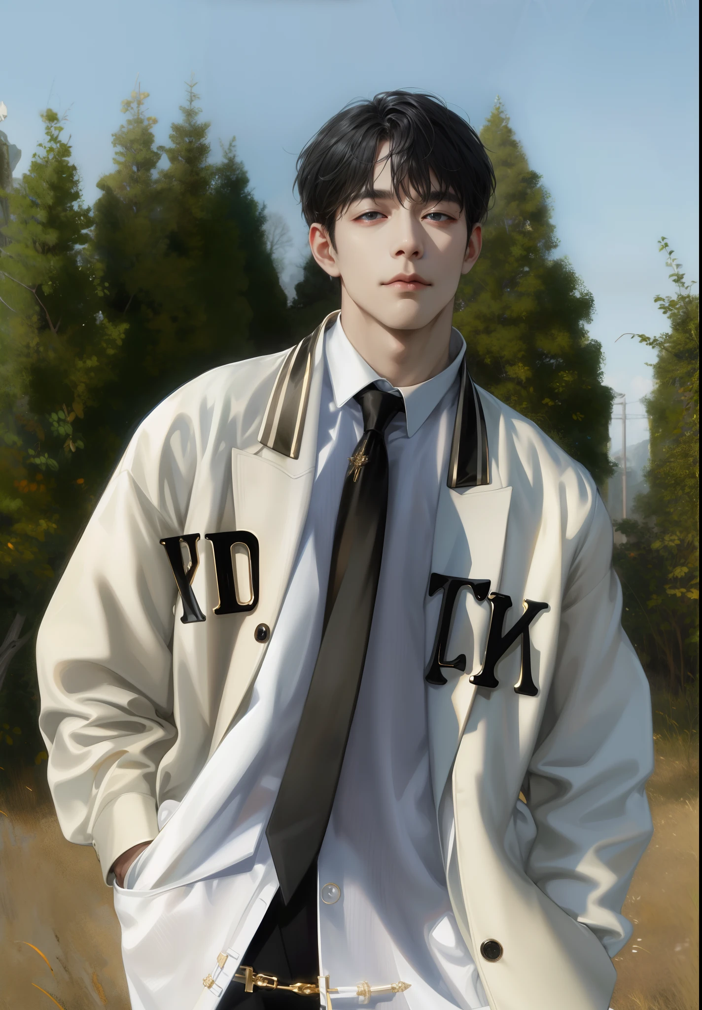 (absurdres, highres, ultra detailed), 1man, ((())), mature, love, hug, upper body, gold and black hair, wearing a jacket, white shirt, black tie and handsome,