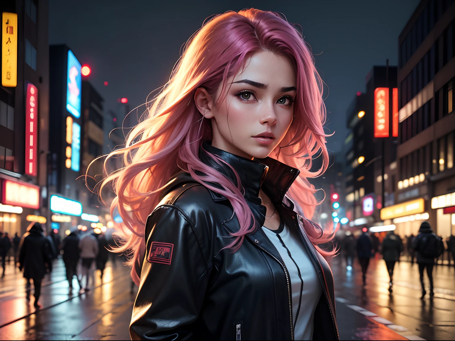 8k, Foto RAW, best quality, master part:1.2),(Realistic, photo-realistic:1.37),Tokyo street,Noite, chuva, Wet,Cityscape,Noite, CIDADE CYBERPUNK,luz suave,1girl,, rosto extremamente bonito,busto,put down hands,Hairstyle Random,random hair color,random expression,mix race ,cabelos cacheados,ruivos