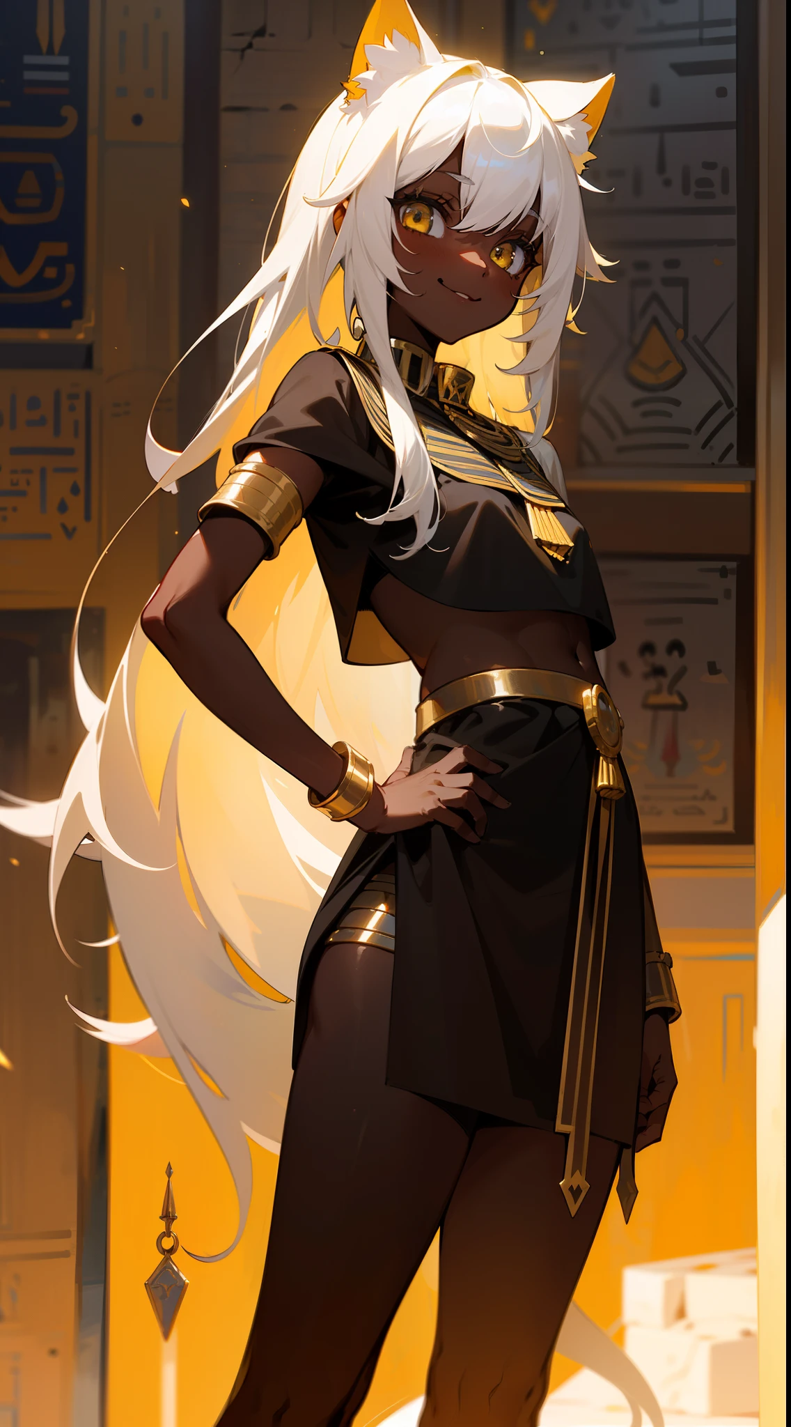 (Original Character,8k, Masterpiece, Best Quality,Detailed, Beautiful Detailed Eyes, solo),1loli girl ,kawaii,happy face, egypt black ande golden outfit,small tits,white hair,long hair,yellow eyes,Cat ears,((standing in a castle in egypt)),(colored skin, black skin),cowboy shot,