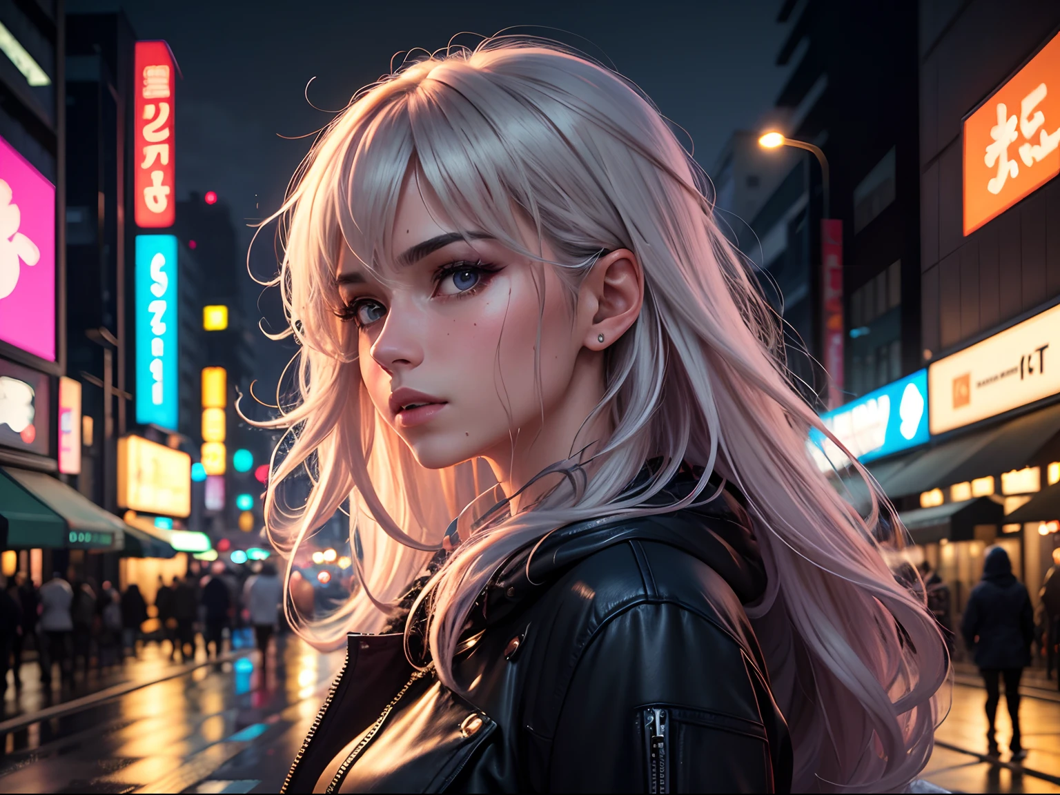 8k, Foto RAW, best quality, master part:1.2),(Realistic, photo-realistic:1.37),Tokyo street,Noite, chuva, Wet,Cityscape,Noite, CIDADE CYBERPUNK,luz suave,1girl,, rosto extremamente bonito,busto,put down hands,Hairstyle Random,random hair color,random expression,mix race ,cabelos cacheados,ruivos