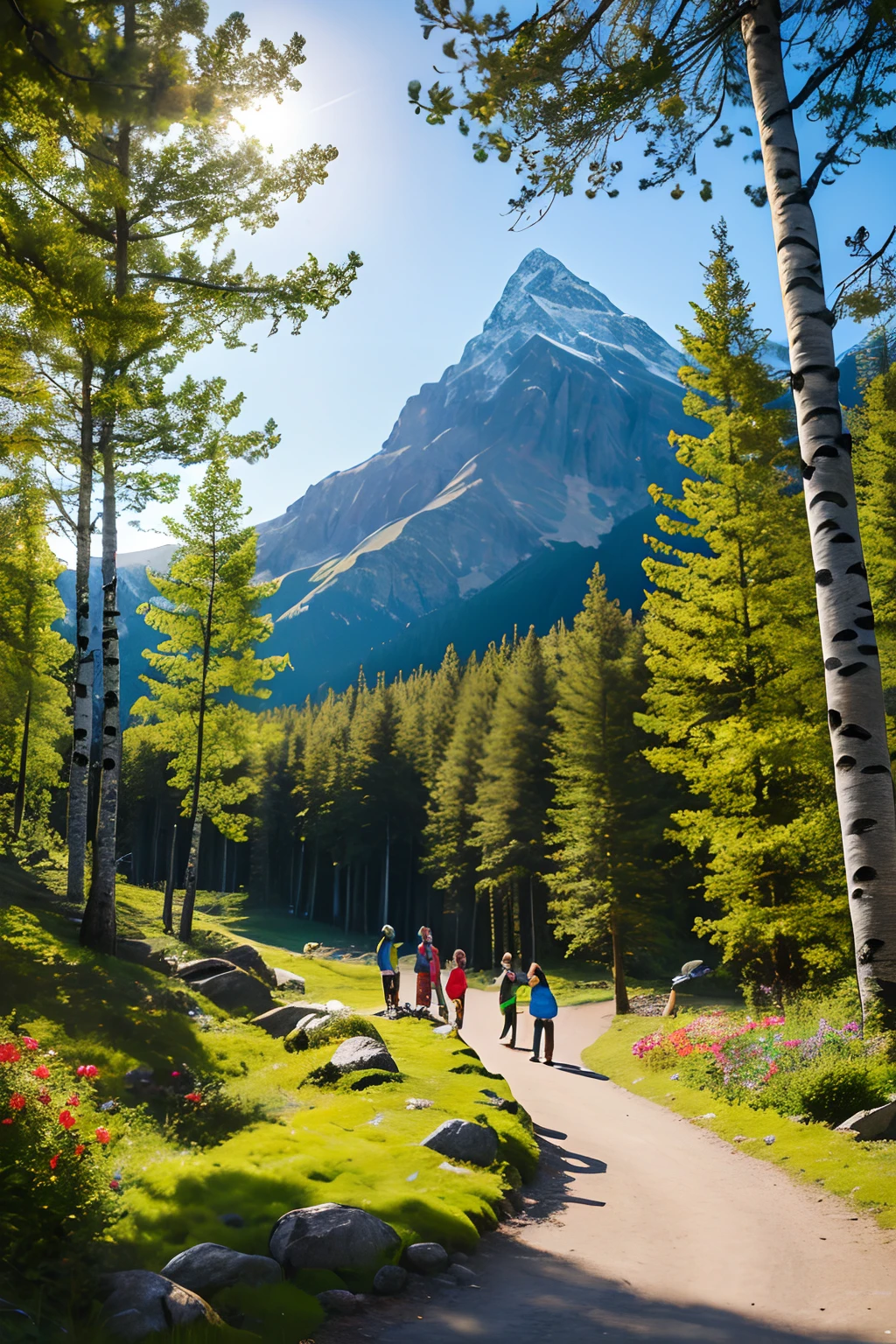 (a best quality,highres),mountain path, scenic fir trees, beautiful birch trees, happy children playing, colorful flowers, graceful butterflies, lively flying birds, soft natural lighting, vibrant colors