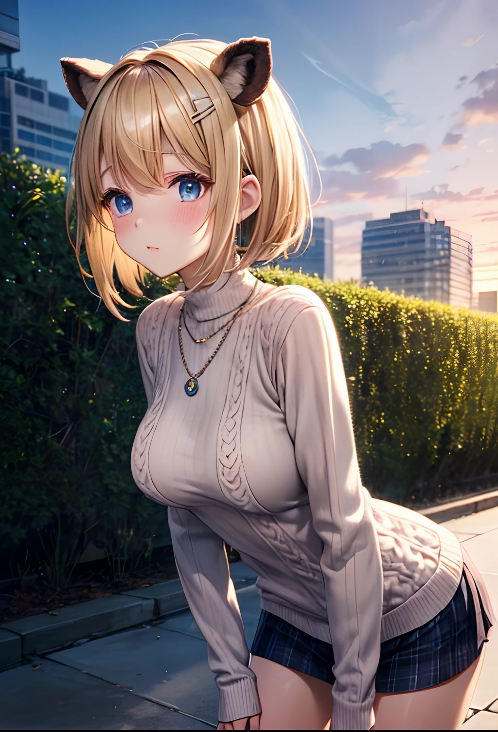 absurderes, ultra-detailliert,bright colour, extremely beautiful detailed anime face and eyes, (独奏:1.6), (medium breast:1.2),(Thin knitwear:1.3),(Park at dusk:1.3)、(Surprise and embarrassment:1.3)、(Short hair Asymmetrical bangs Short twin-tailed blonde hair Shiny hair), Delicate beautiful face, red blush,(Deep Blue Eyes:1.3 ) White skin, hair clips,1 necklace,