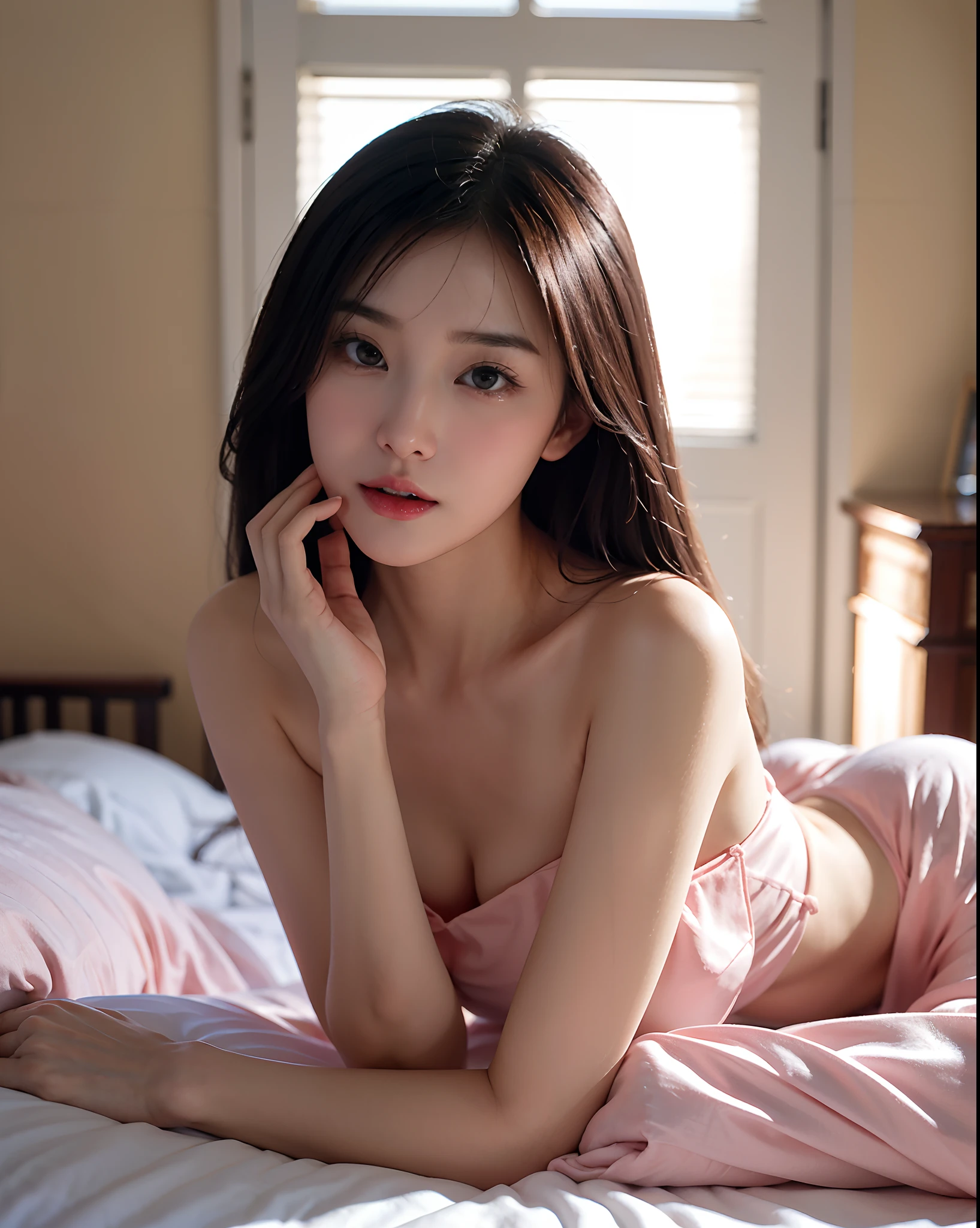 A gentle and lovely Chinese beautiful woman, delicate and sexy collarbone, charming goose egg face, double eyelids, smart peach blossom eyes, pink lips, small upturned nose, bare shoulders, plump buttocks, beautiful long legs, focused face, face close-up, ultra HD, super detail, full body photo, ultra-thin light transmission optimal ratio four fingers and one thumb, horse face skirt