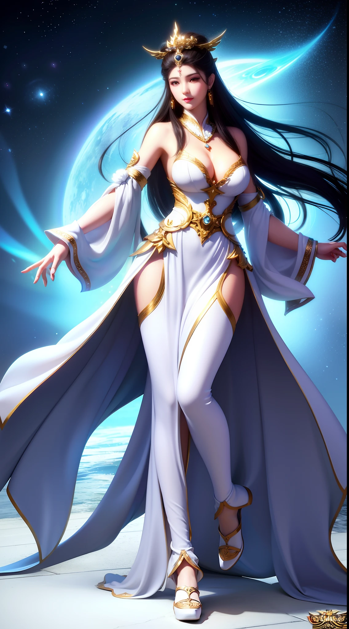 Stylish image of a woman dressed in white with long hair, super plump breasts, full body xianxia, goddess. very high detail, trending on cgstation, irelia from league of legends, beautiful celestial mage, 8k high quality detailed art, irelia, astral mage outfit, beautiful highly detailed fanart, smooth cg art, highly detailed goddess shot, background back: fantasy realm,