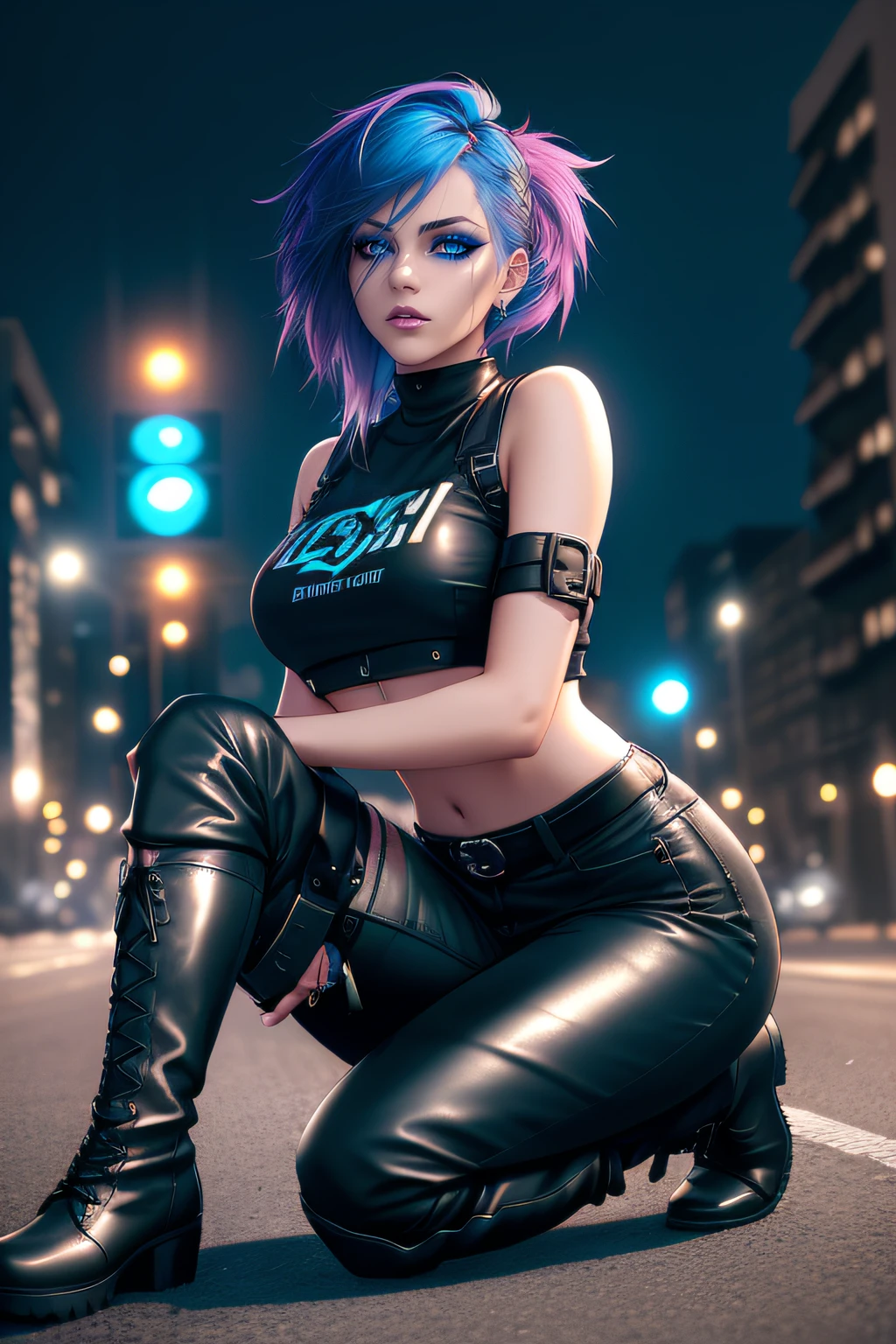 beautiful girl, full body, short bright blue dishevelled hair, black eyeshadow, (street style wear:1.2), ((tight fitted pants)), ((knee high leather boots)), (city night background:1.2), dark makeup, digital art, trending on artstation, highly detailed, fine detail, intricate, beautiful detailed glow, detailed, Cinematic light, high-res, detailed facial features, sharp focus, smooth, aesthetic,