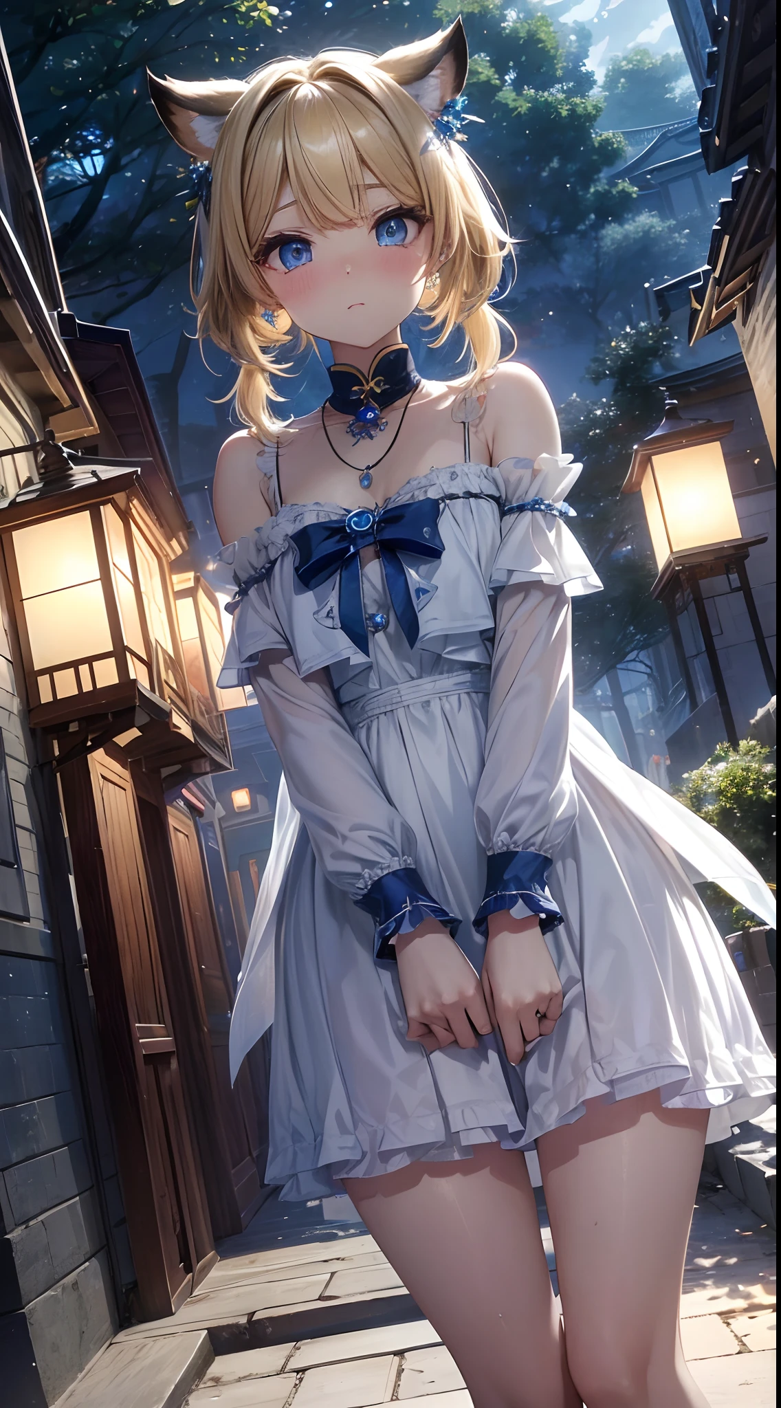 absurderes, ultra-detailliert,bright colour, extremely beautiful detailed anime face and eyes, (独奏:1.6), ;D,(bolero:1.3),(Park at dusk:1.3)、(Surprise and embarrassment:1.3)、 shiny_skin,25 years old, Short hair, , asymmetrical bangs, (Blonde hair with short twin tails), Shiny hair, Delicate beautiful face, red blush,(Deep Blue Eyes:1.3 ) White skin, hair clips, earrings, 1 necklace,