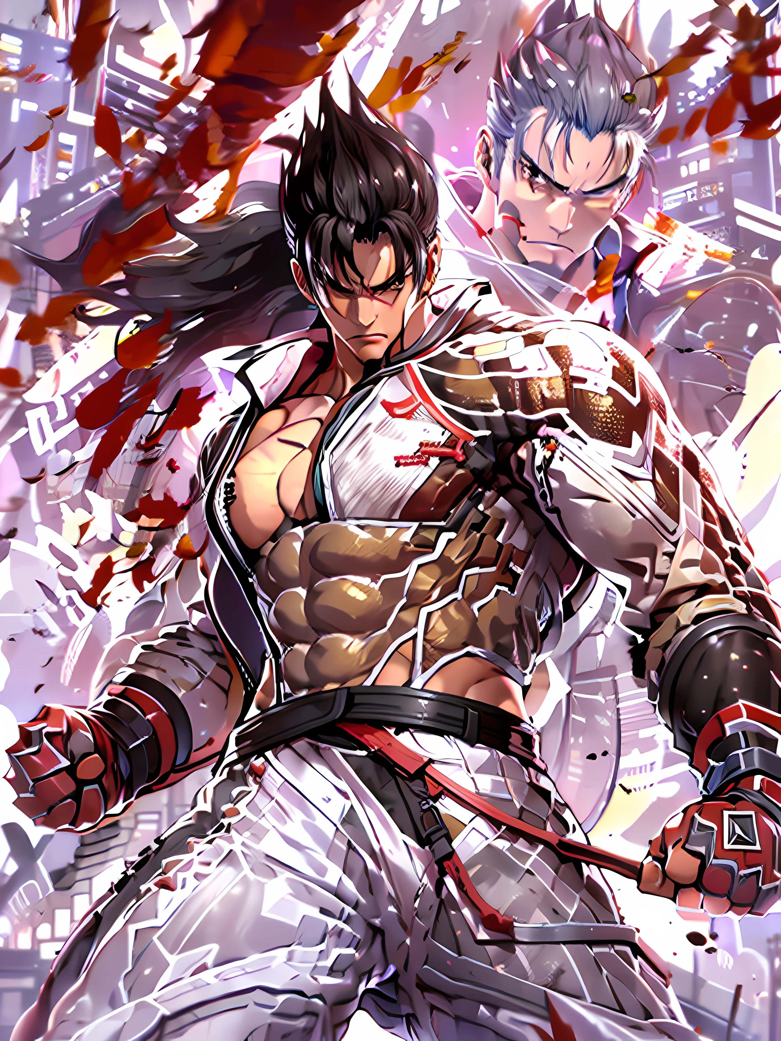 Tekken, high res, muscular build, lean form, ripped physique, (face detail: Jin Kazama), (masterpiece:1.45), pure white background, flat background, black eyes, evil eyes, anime art, detailed CGI 8k wallpaper, pure white background, flat background, (1boy), fists clash, angry expression, pure, detailed eyes and face, Japanese style art, (ink splash art:1.0), golden Armour, shirtless, dojo pants, red waistband, spiky black hair, clean face