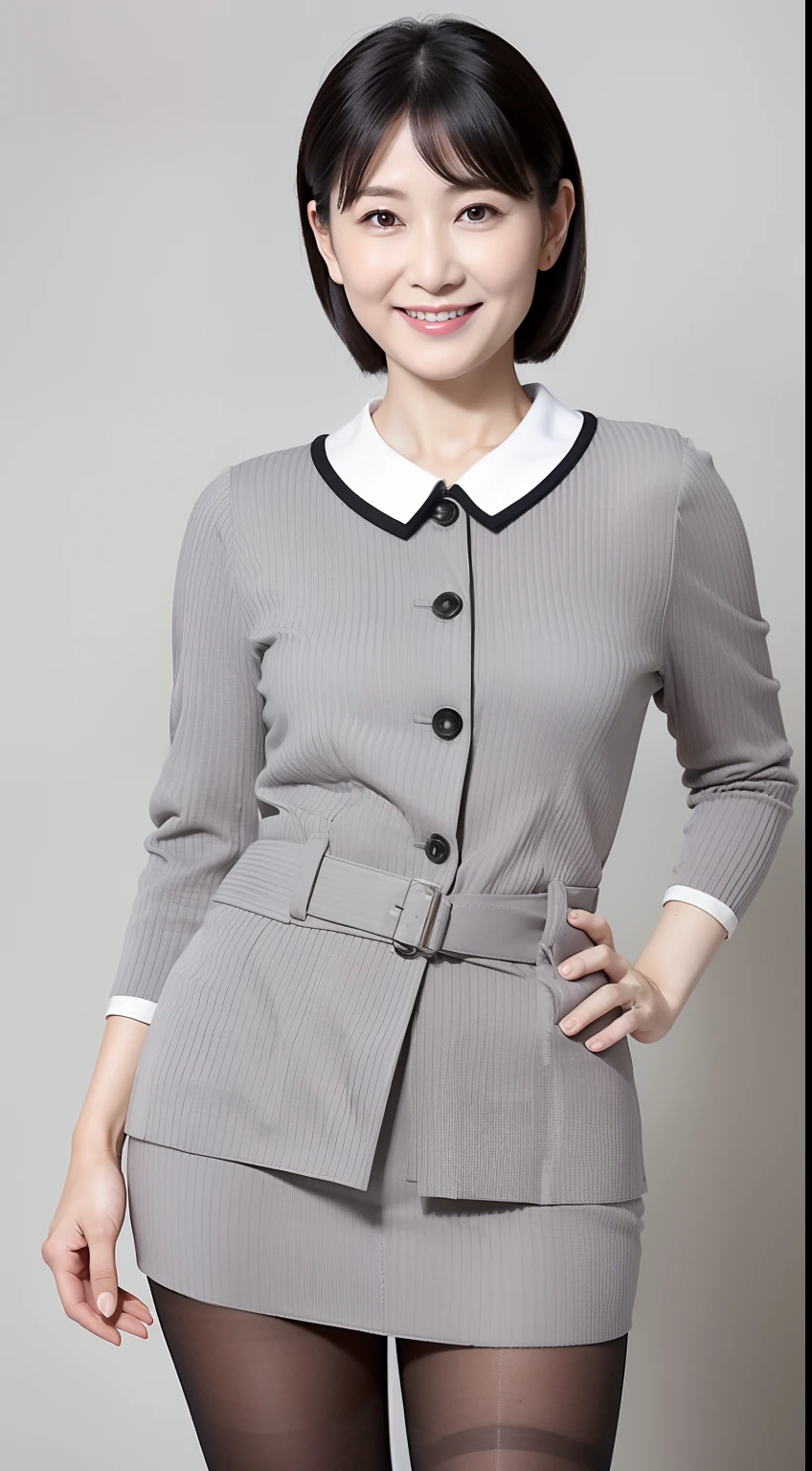 Masterpiece,Best quality, (maam. clerk:1), ((Portrait:1.3)), Cross arms， Smile，Gray professional wear，Long legs，skin hyper-detail，Clear pores，in a panoramic view，Cocked buttocks，black lence stockings，Beautiful young Japanese woman over 40 years old,  Perfect face, Fantastic look,  (Detailed facial features),  Clean and nice face